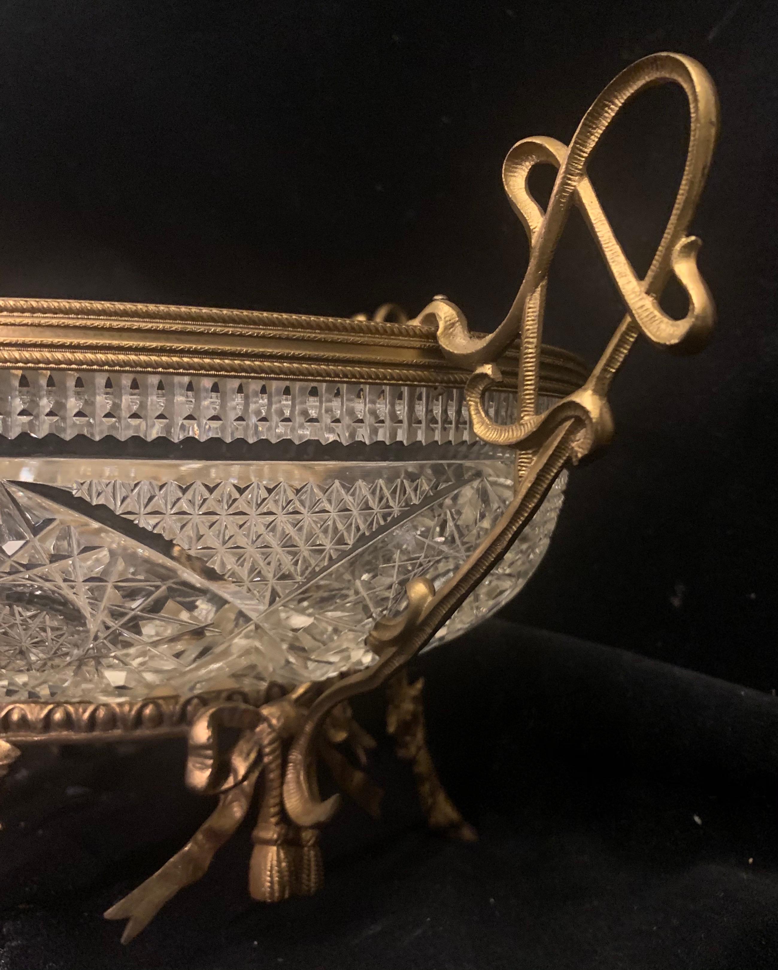 Gilt Wonderful French Doré Bronze Ormolu Bow Tassel Crystal Centerpiece Bowl Basket For Sale
