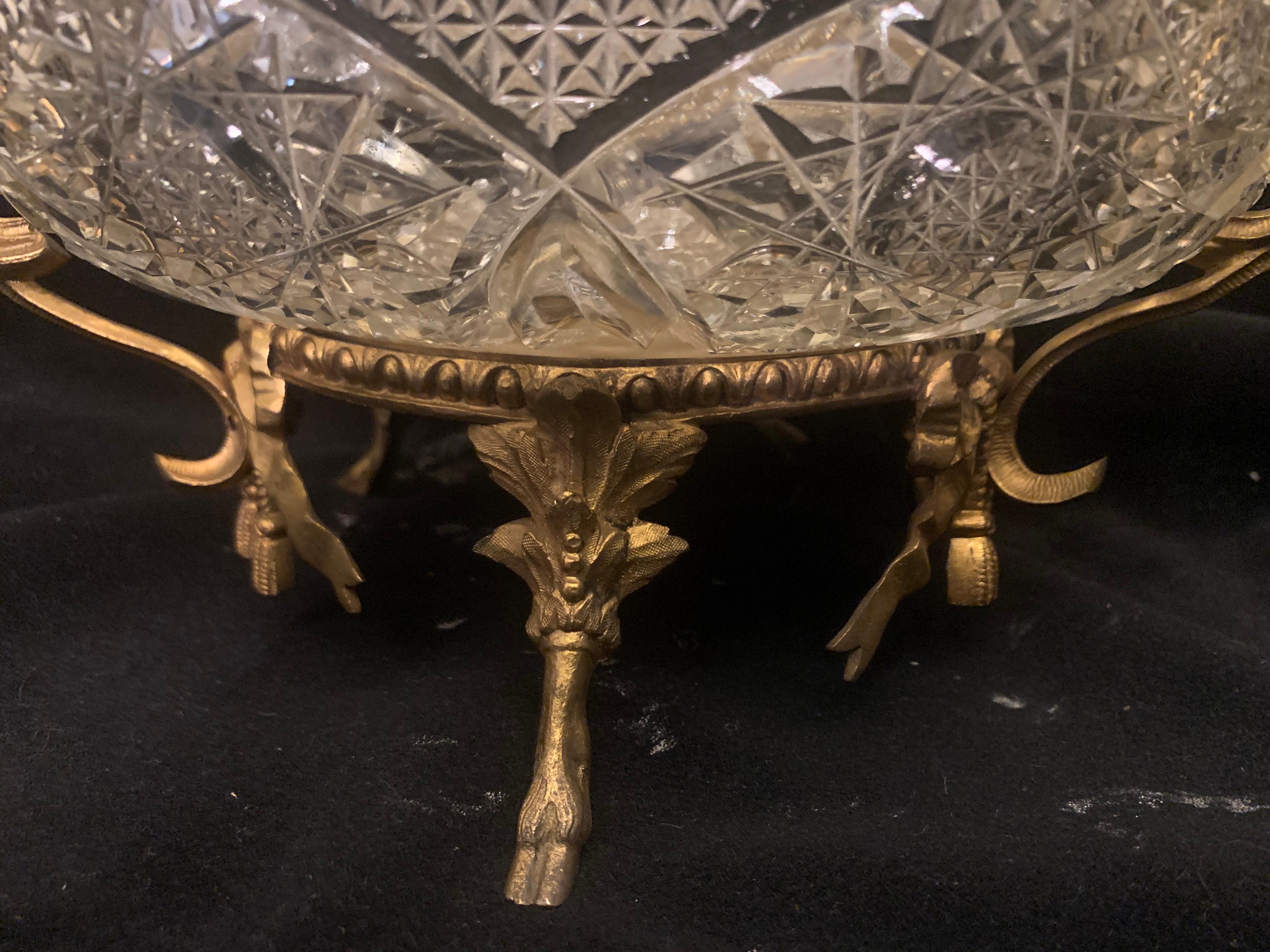 Wonderful French Doré Bronze Ormolu Bow Tassel Crystal Centerpiece Bowl Basket In Good Condition For Sale In Roslyn, NY