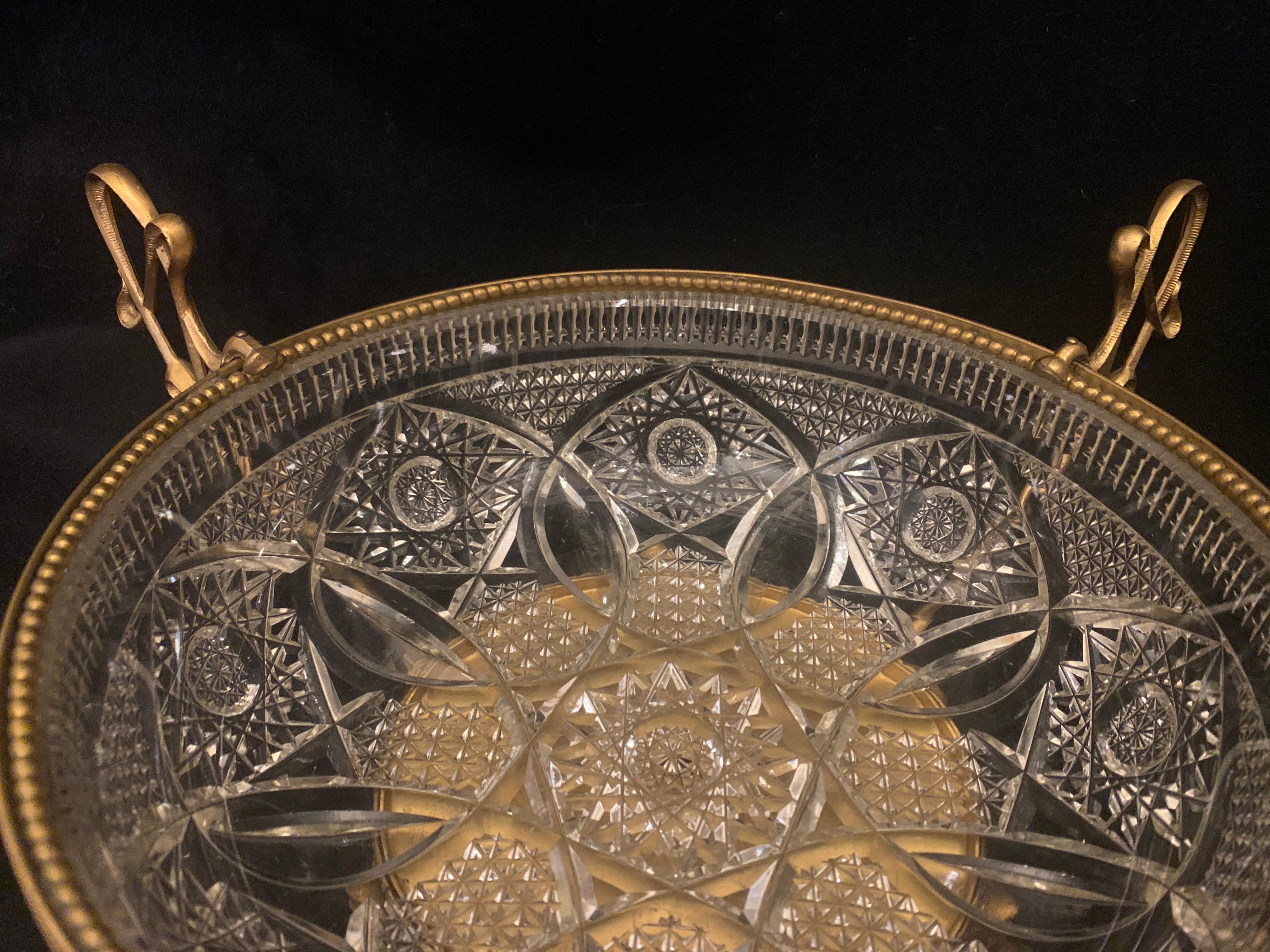 20th Century Wonderful French Doré Bronze Ormolu Bow Tassel Crystal Centerpiece Bowl Basket For Sale