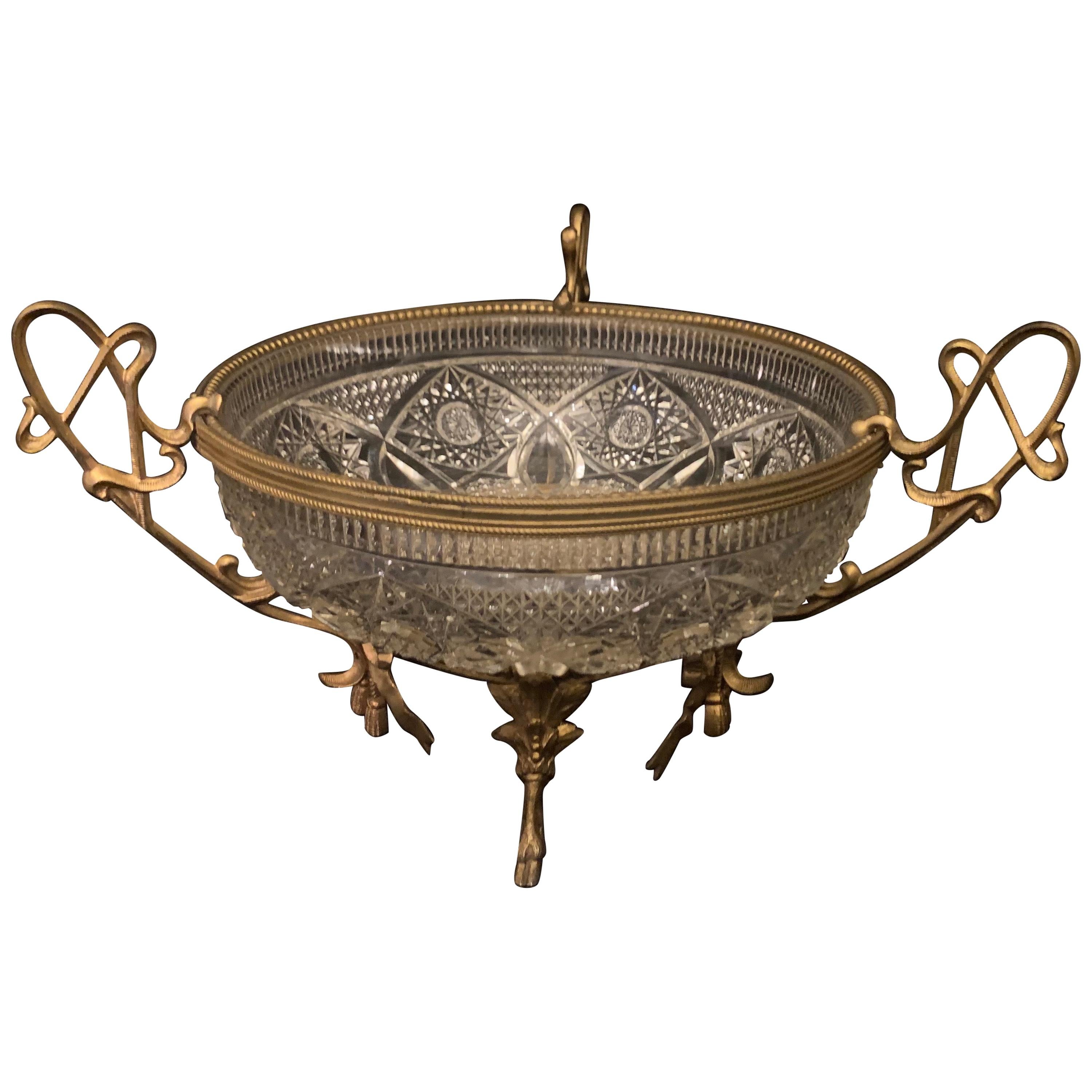 Wonderful French Doré Bronze Ormolu Bow Tassel Crystal Centerpiece Bowl Basket