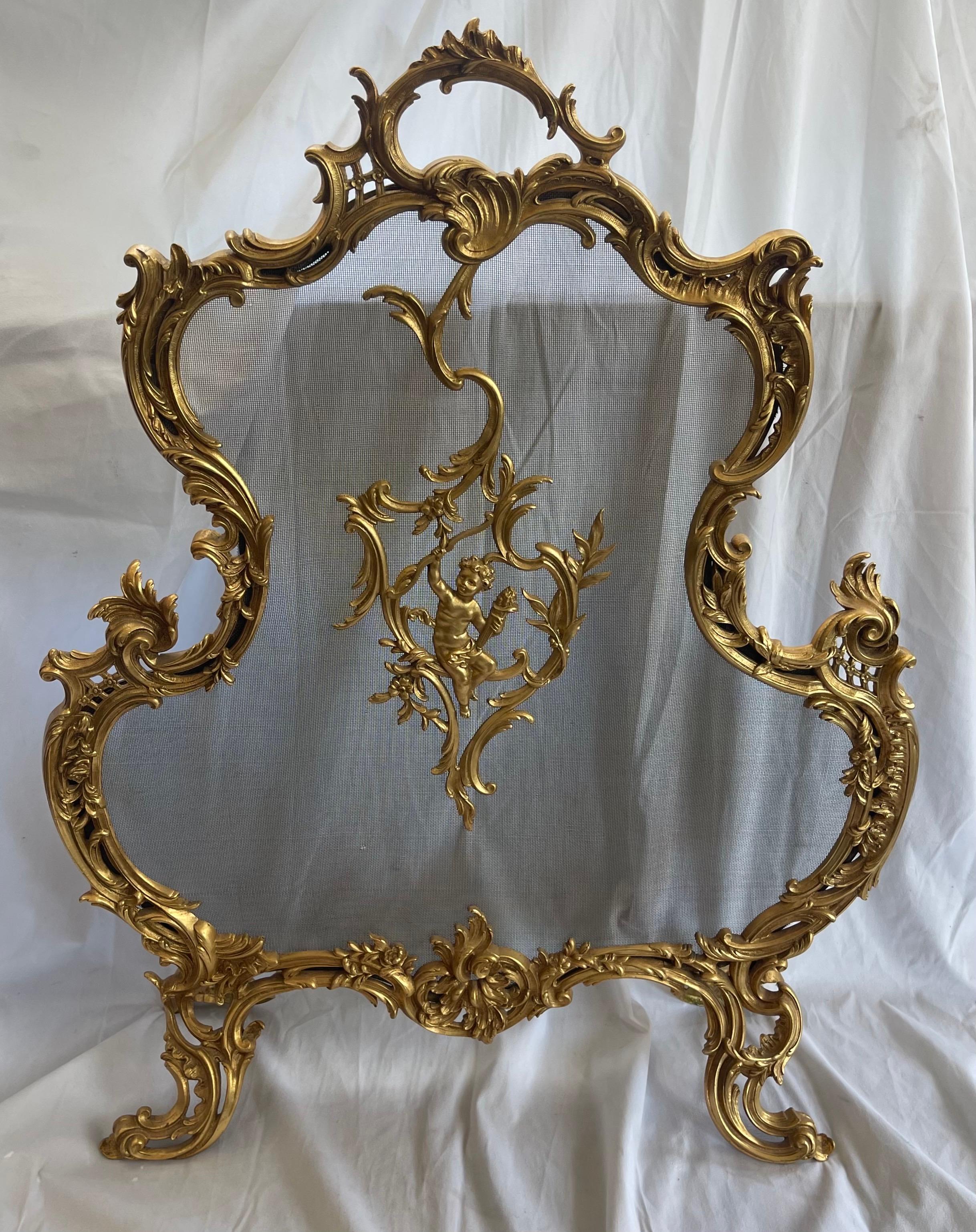 A Wonderful Large French Doré Bronze Ormolu Cherub / Putti Fireplace Screen Fire Screen
