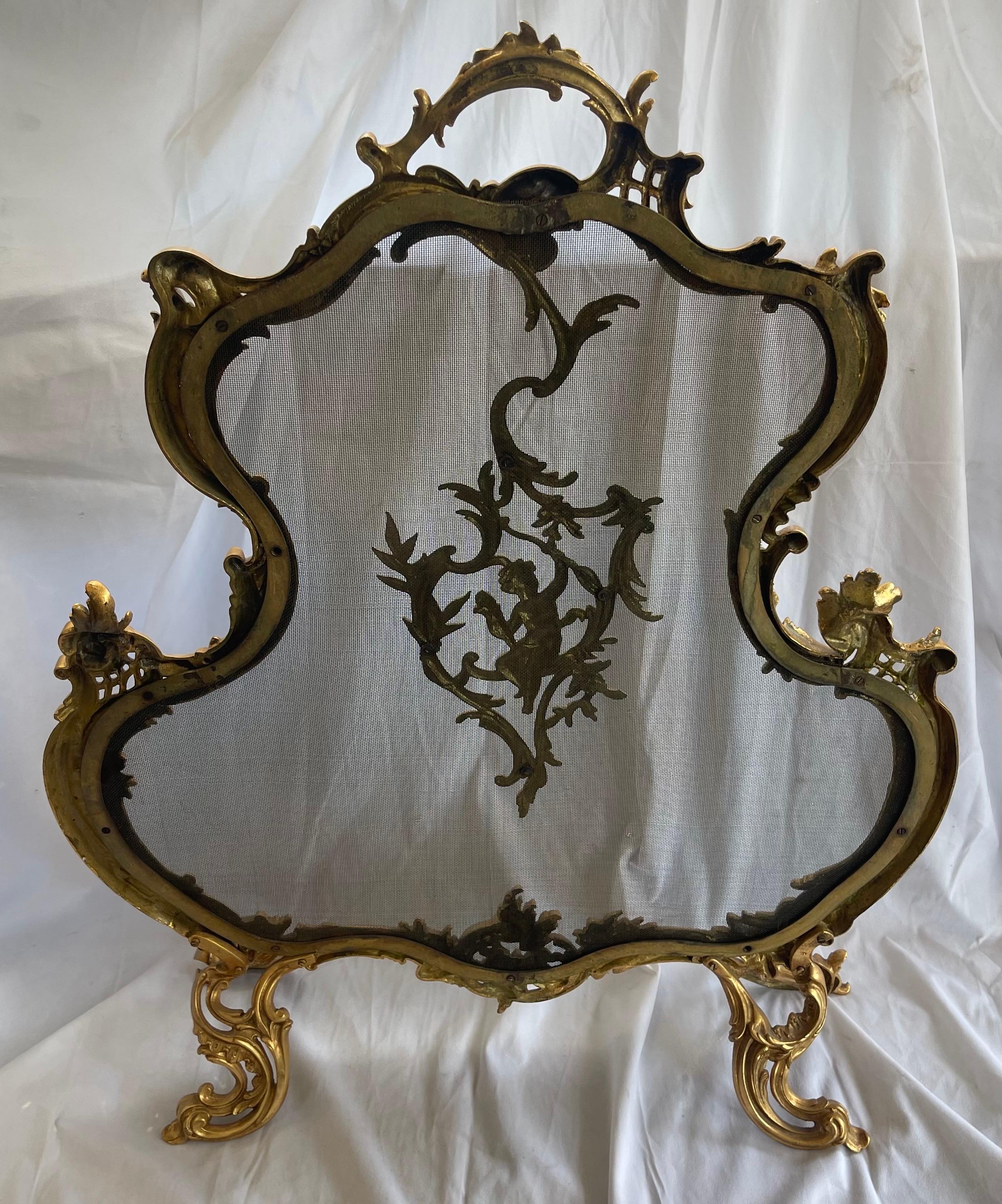 Gilt Wonderful French Doré Bronze Ormolu Cherub Putti Fireplace Screen Fire Screen For Sale