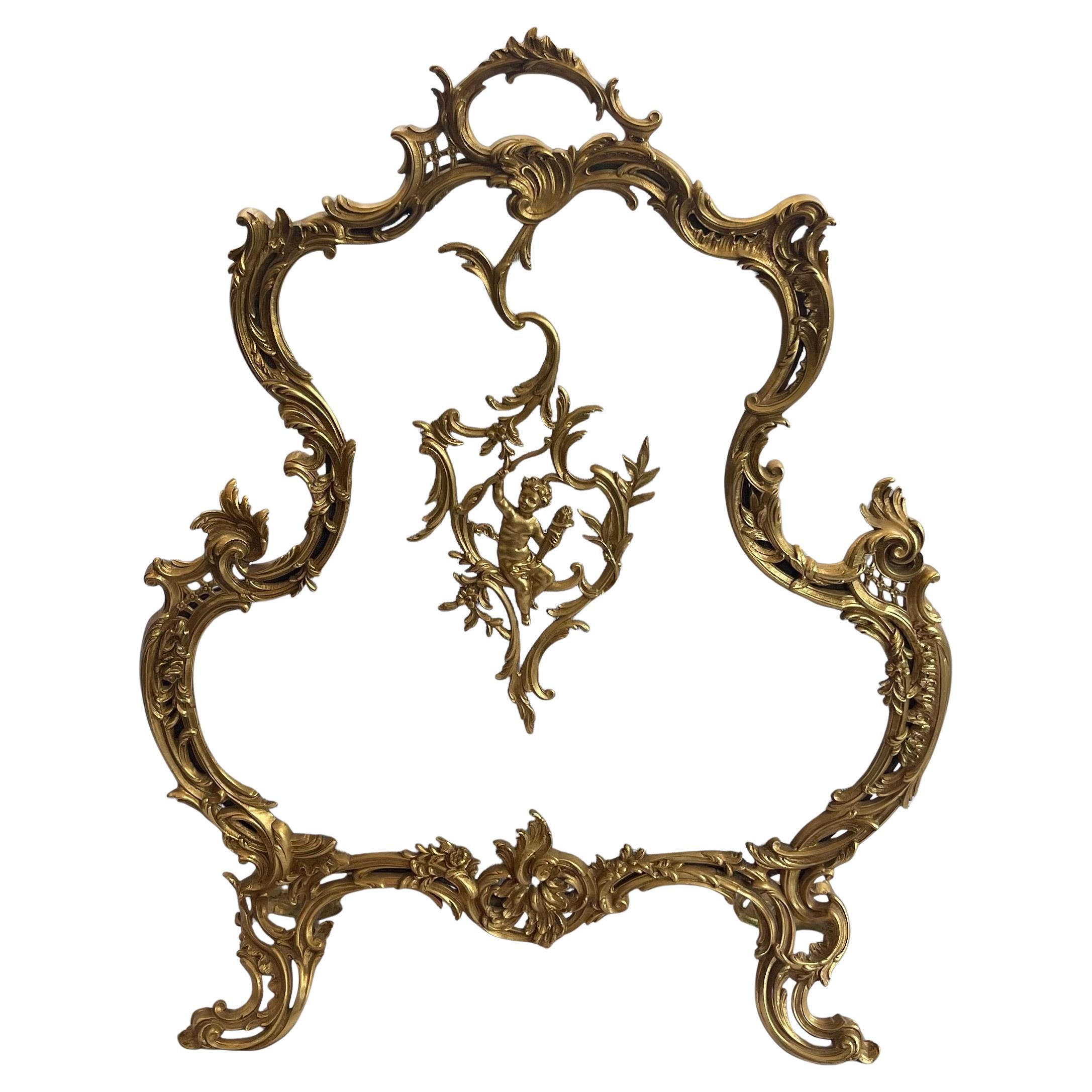 Wonderful French Doré Bronze Ormolu Cherub Putti Fireplace Screen Fire Screen