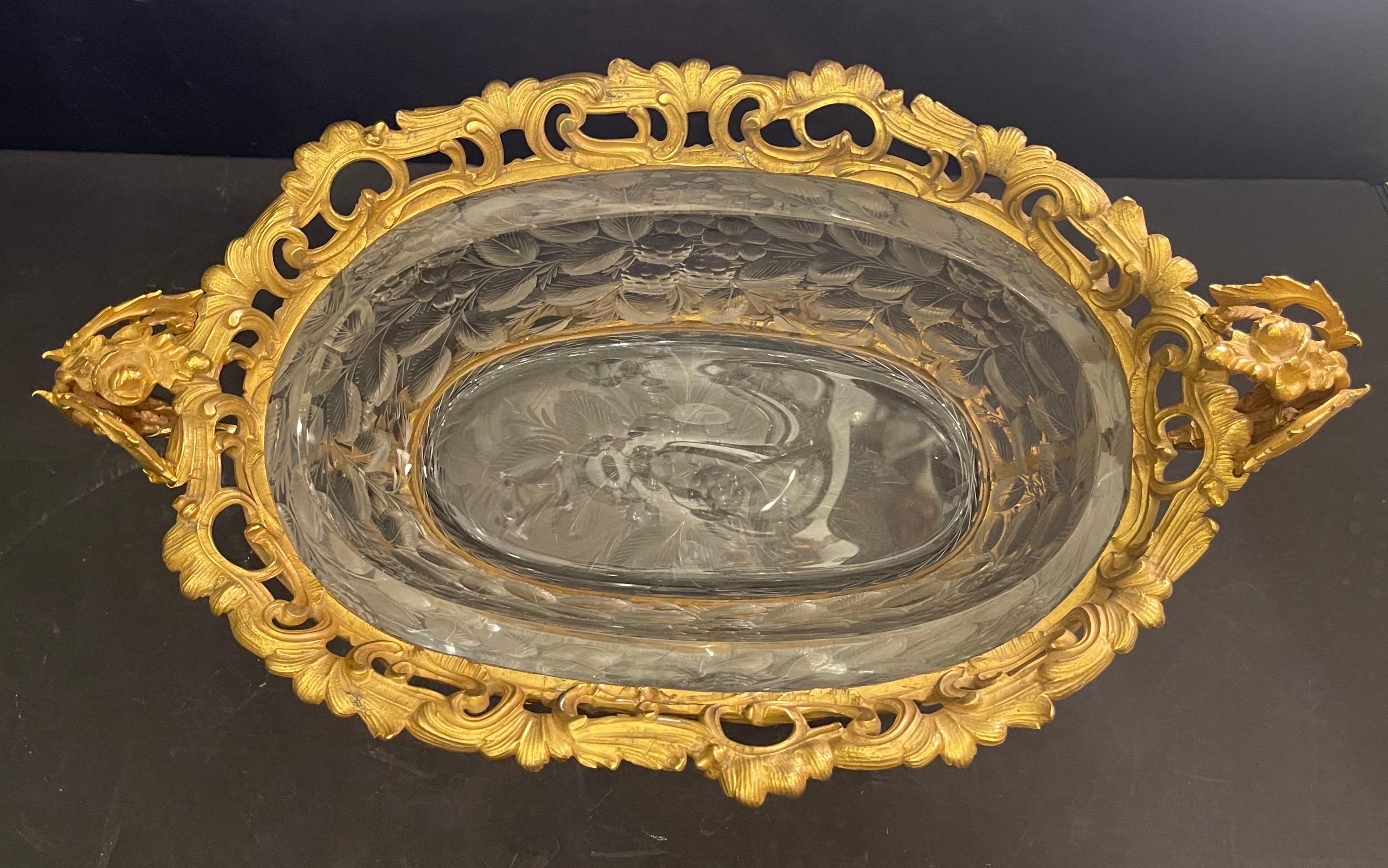 Wonderful French Dore Bronze Ormolu Etched Crystal Centerpiece Les Mures Robert For Sale 5