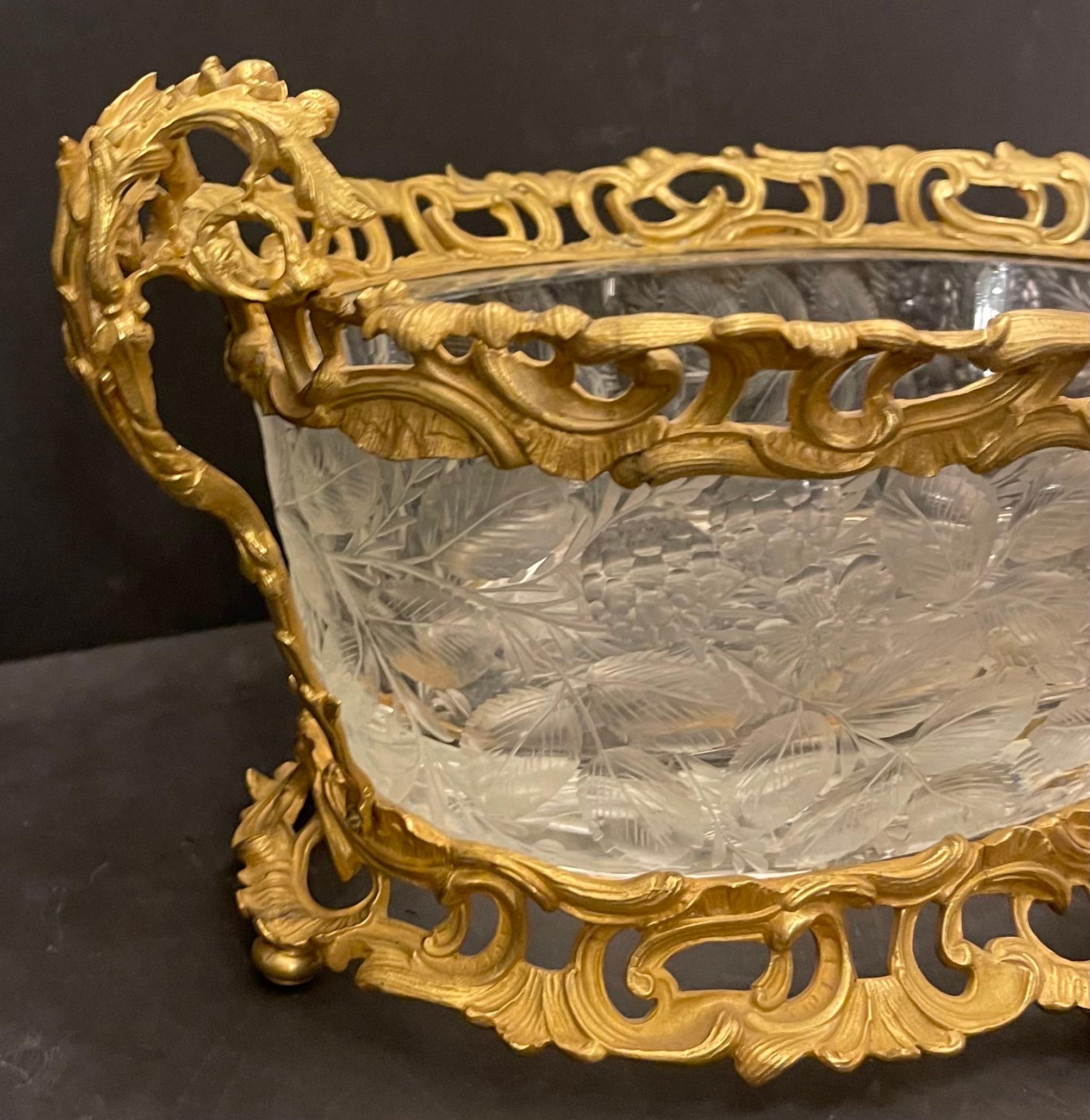 A Wonderful French Dore Bronze Ormolu And Etched Crystal Oval Centerpiece Signed Les Mures / Robert With Outstanding Detail In Casting And Etching, In The Manner Of Baccarat.