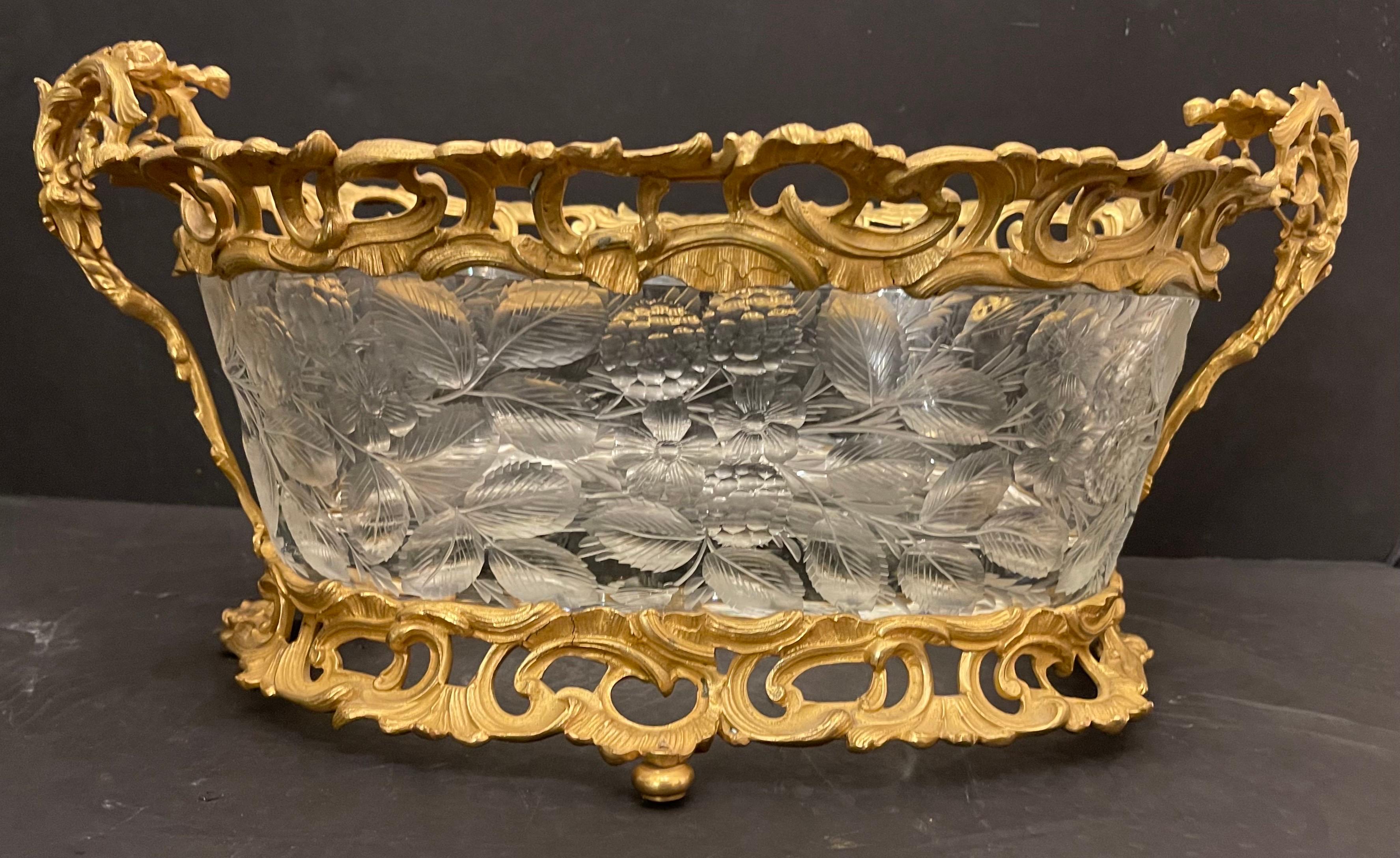 Wonderful French Dore Bronze Ormolu Etched Crystal Centerpiece Les Mures Robert For Sale 3