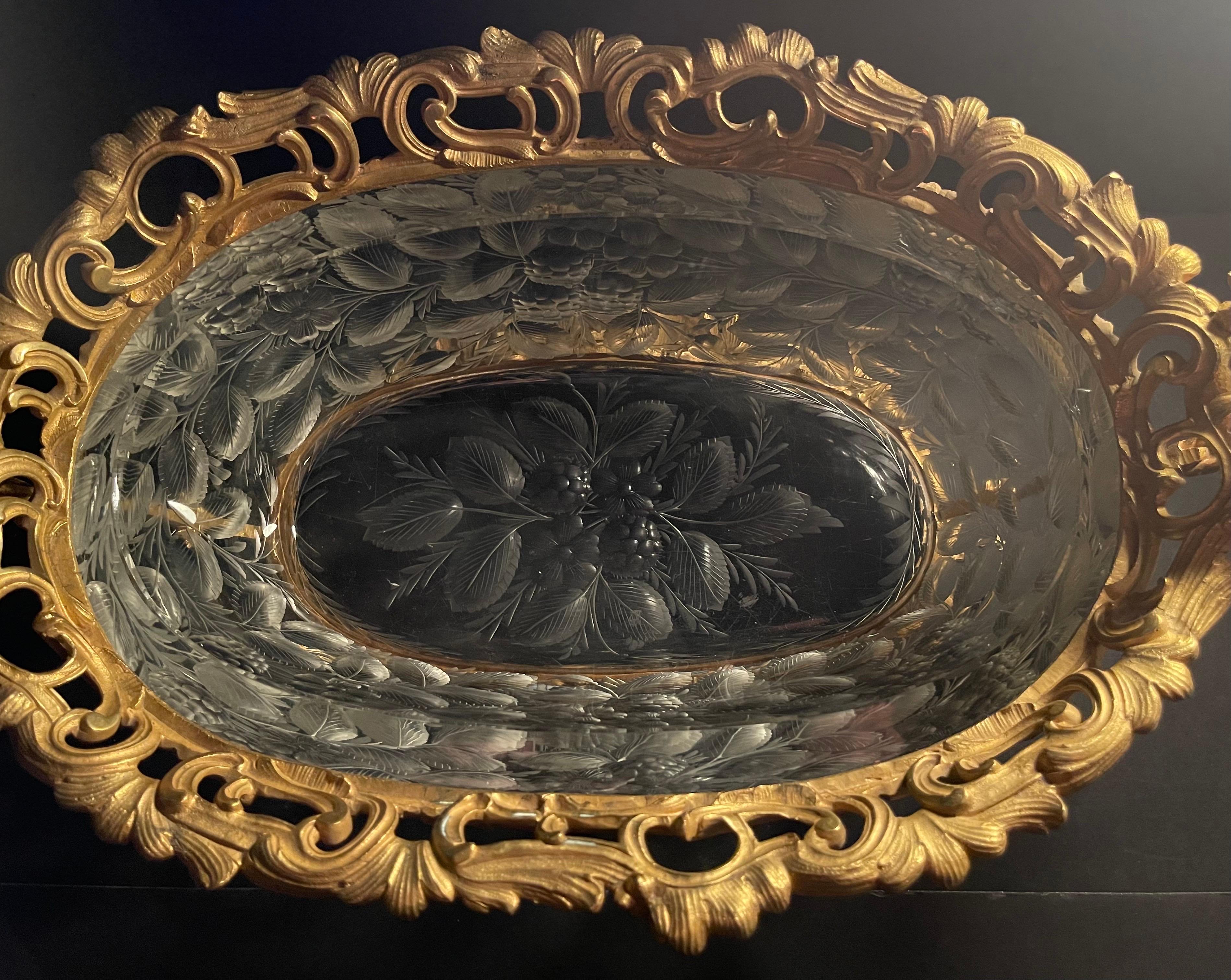Wonderful French Dore Bronze Ormolu Etched Crystal Centerpiece Les Mures Robert For Sale 4