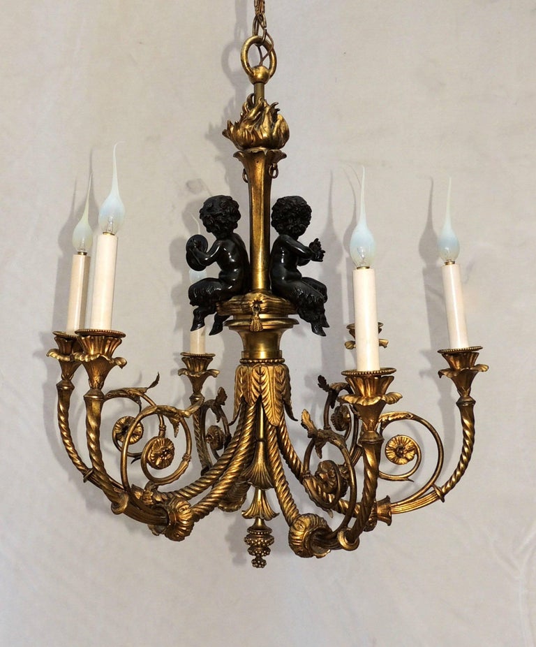 Wonderful French Doré Bronze Patinated Cherubs Putti Chandelier Light