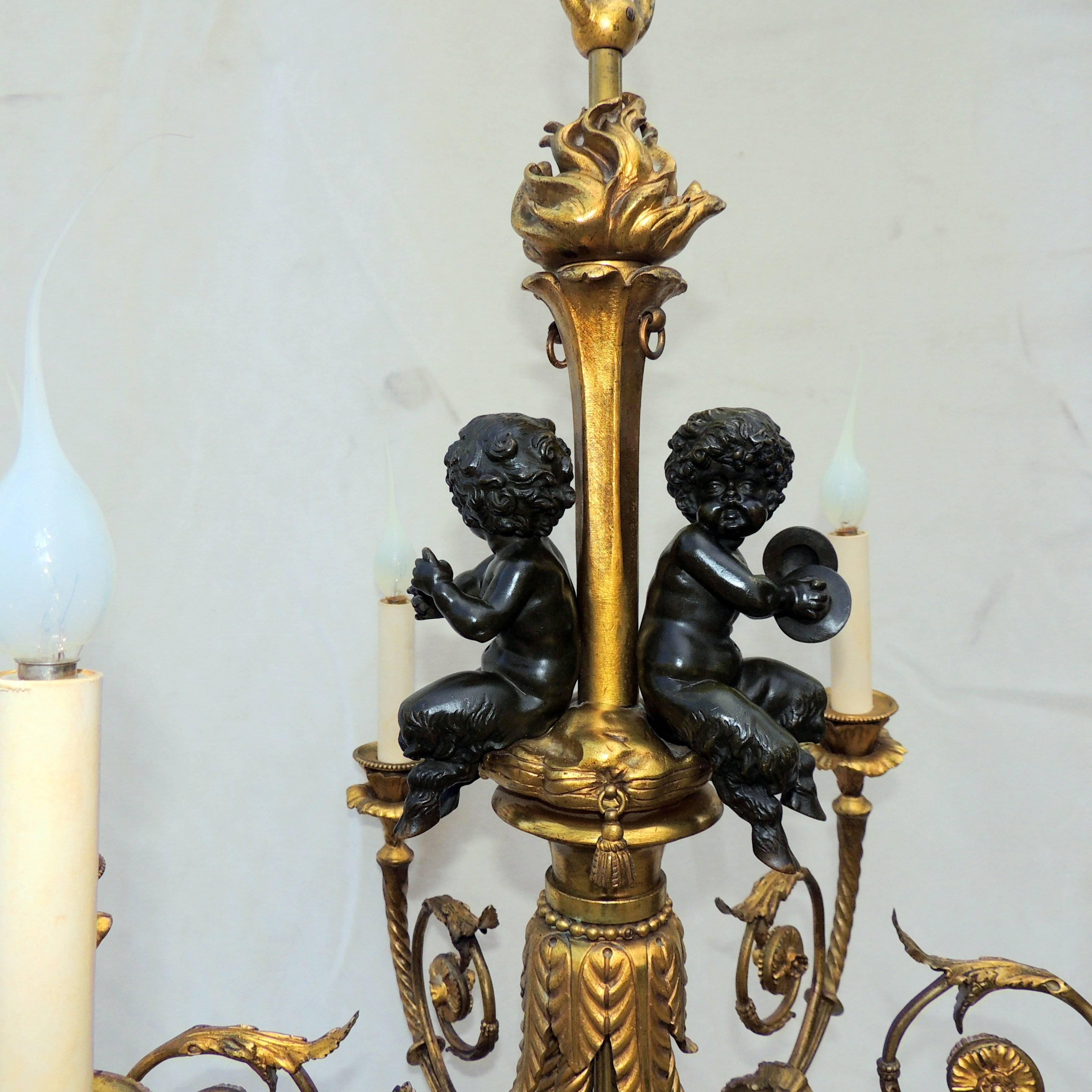 Wonderful French Doré Bronze Patinated Cherubs Putti Chandelier Light Fixture In Good Condition In Roslyn, NY