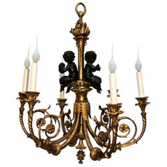 Magnifique lustre en bronze doré patiné français Cherubs Putti Light Fixture