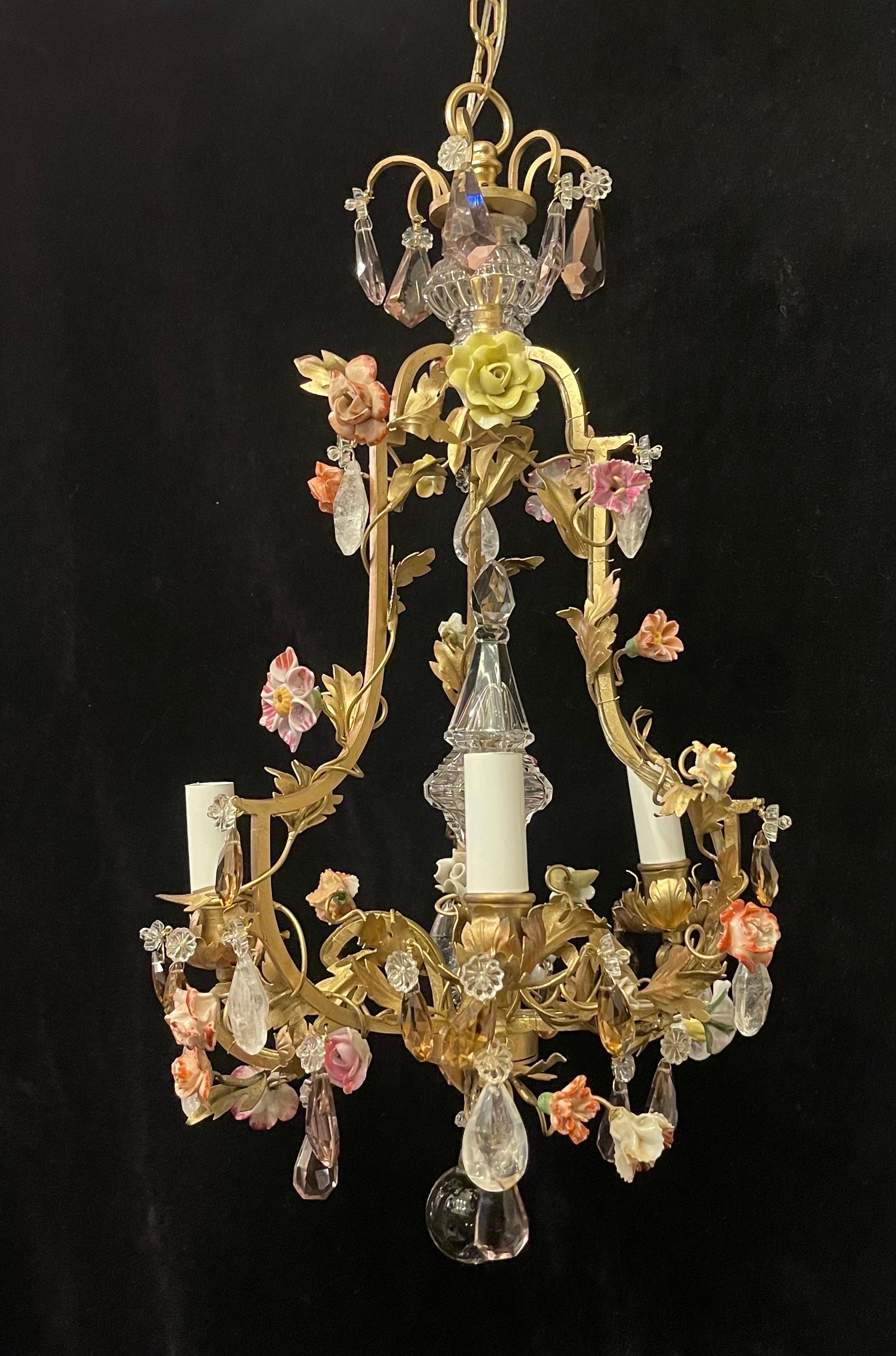 A Wonderful Stamped French Dore Bronze & Rock Crystal Alternating With Amethyst And Smoke Crystals And Adorned With Porcelain Flower, Petite 3 Completely Newly Wired Candelabra Light Chandelier  