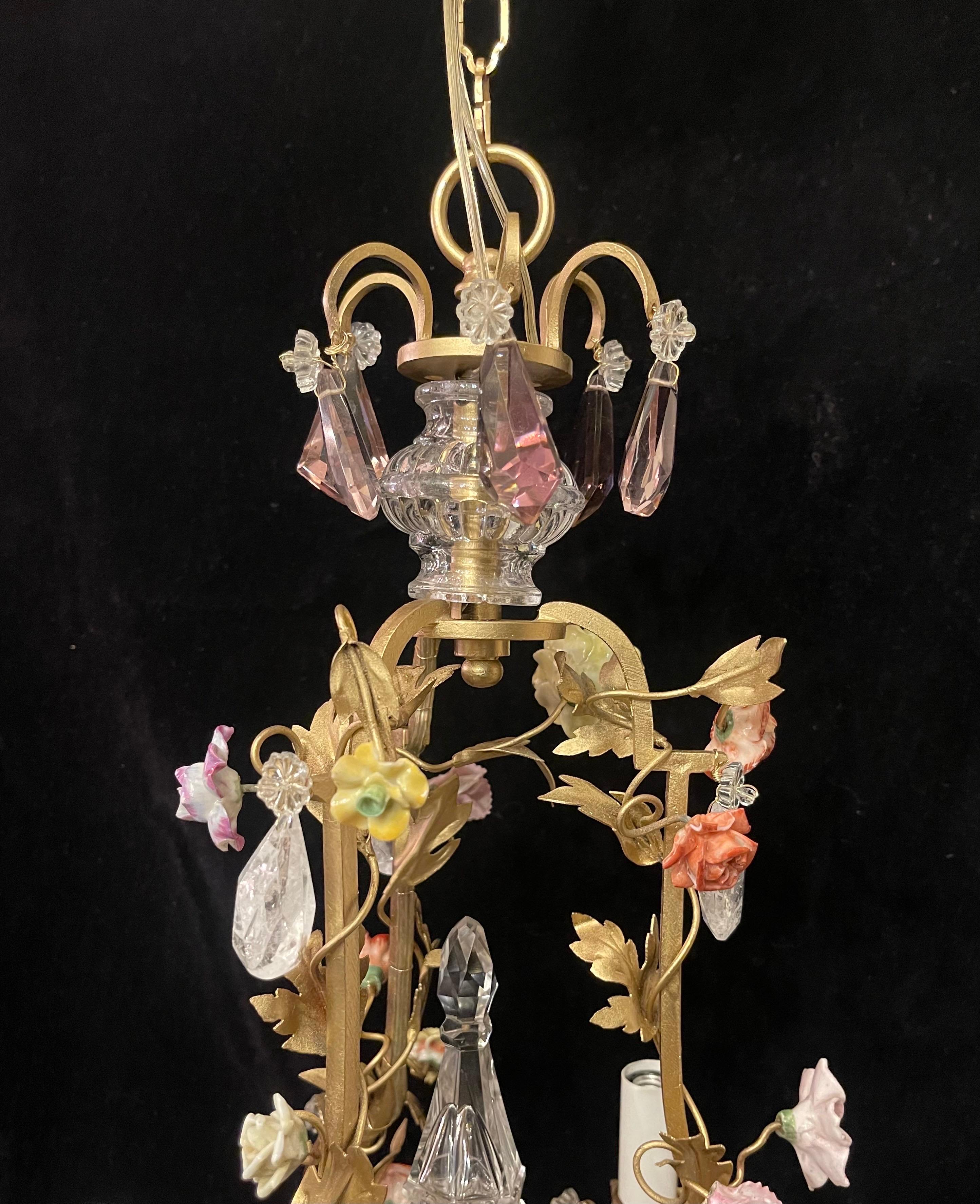 Wonderful French Dore Bronze Rock Crystal Porcelain Flower Petite Chandelier   In Good Condition For Sale In Roslyn, NY