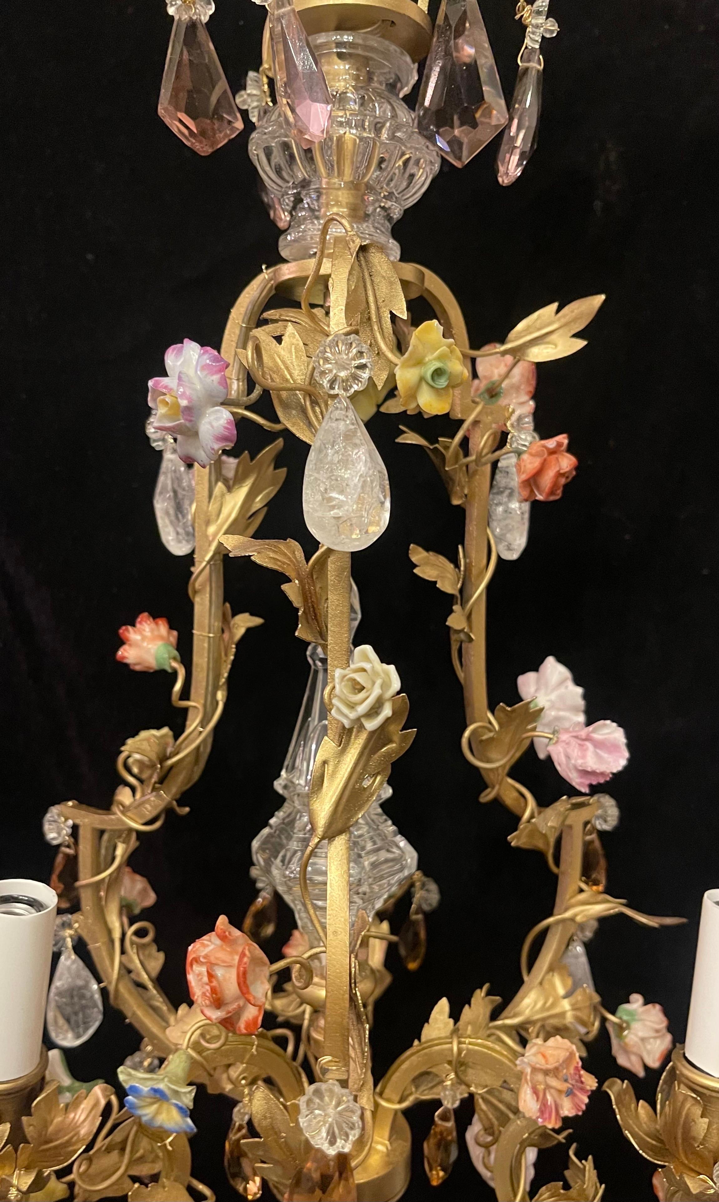 20th Century Wonderful French Dore Bronze Rock Crystal Porcelain Flower Petite Chandelier   For Sale