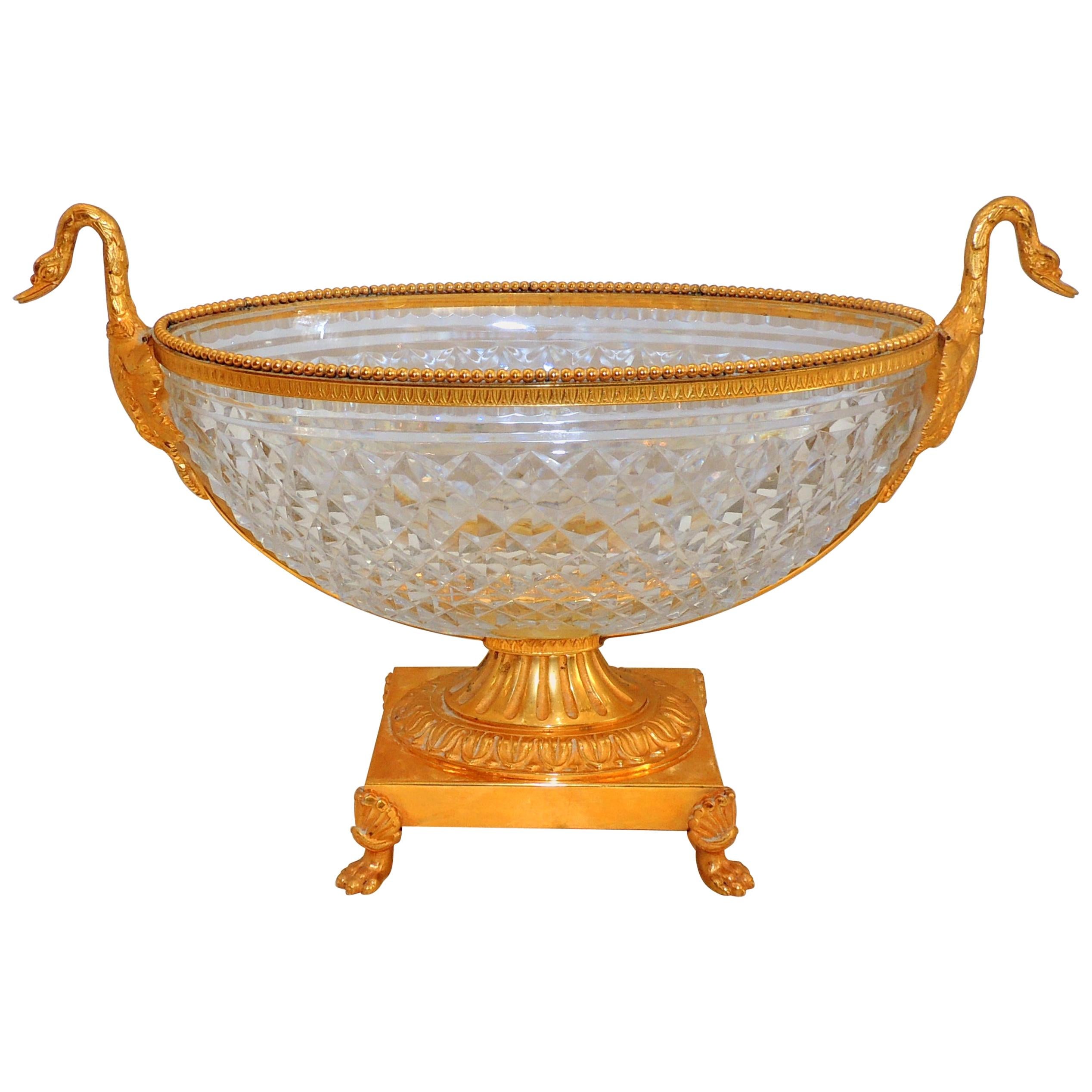 Wonderful French Doré Gilt Swan Handle Bronze Cut Crystal Centrepiece Bowl