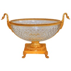 Vintage Wonderful French Doré Gilt Swan Handle Bronze Cut Crystal Centrepiece Bowl