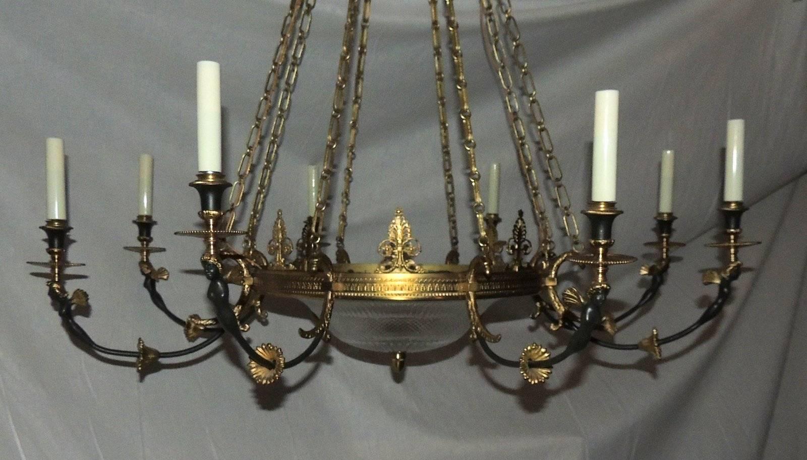 Wonderful French Doré Patina Bronze Cut Crystal Figural Empire Large Chandelier In Good Condition In Roslyn, NY