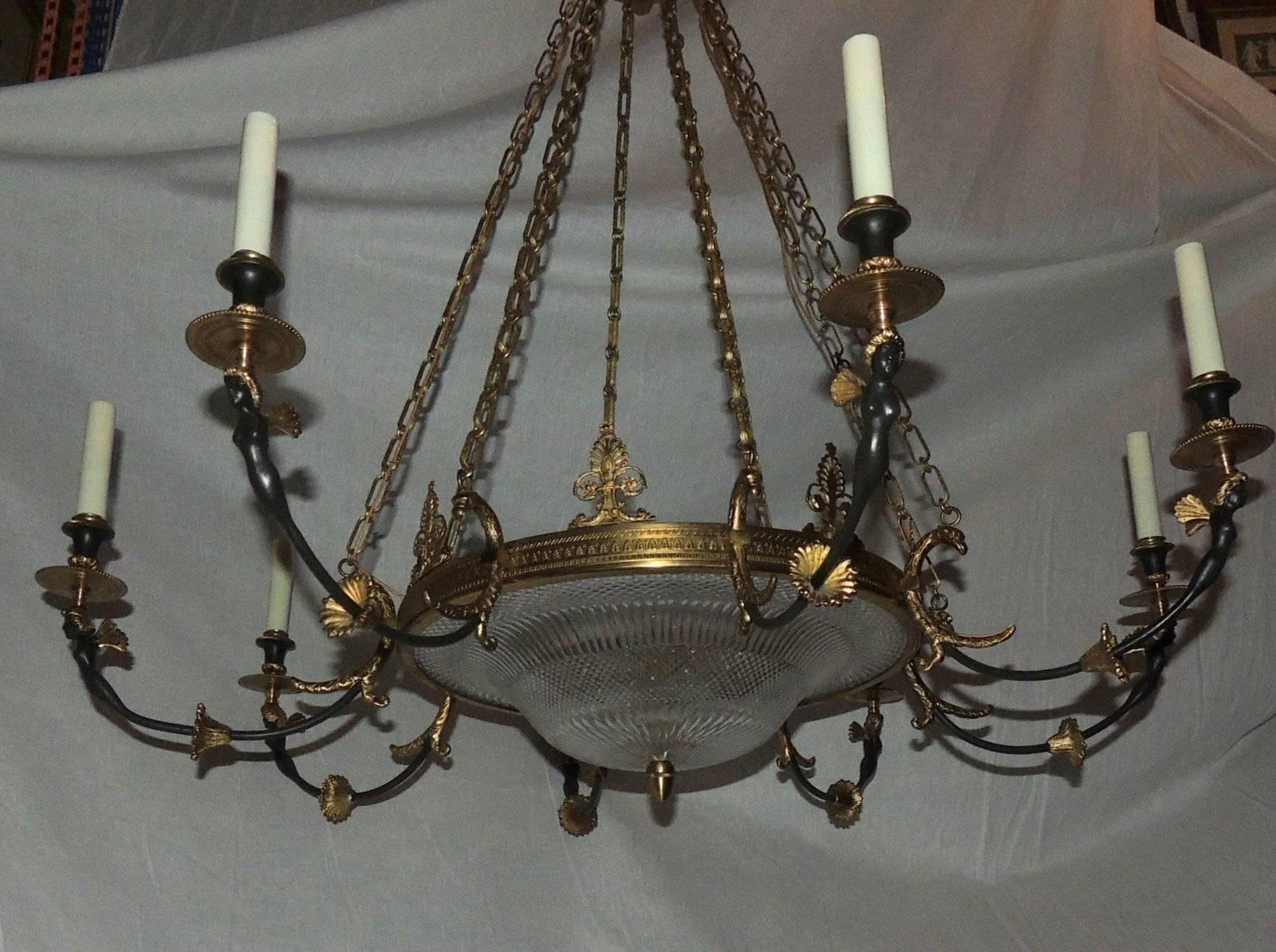 Early 20th Century Wonderful French Doré Patina Bronze Cut Crystal Figural Empire Large Chandelier