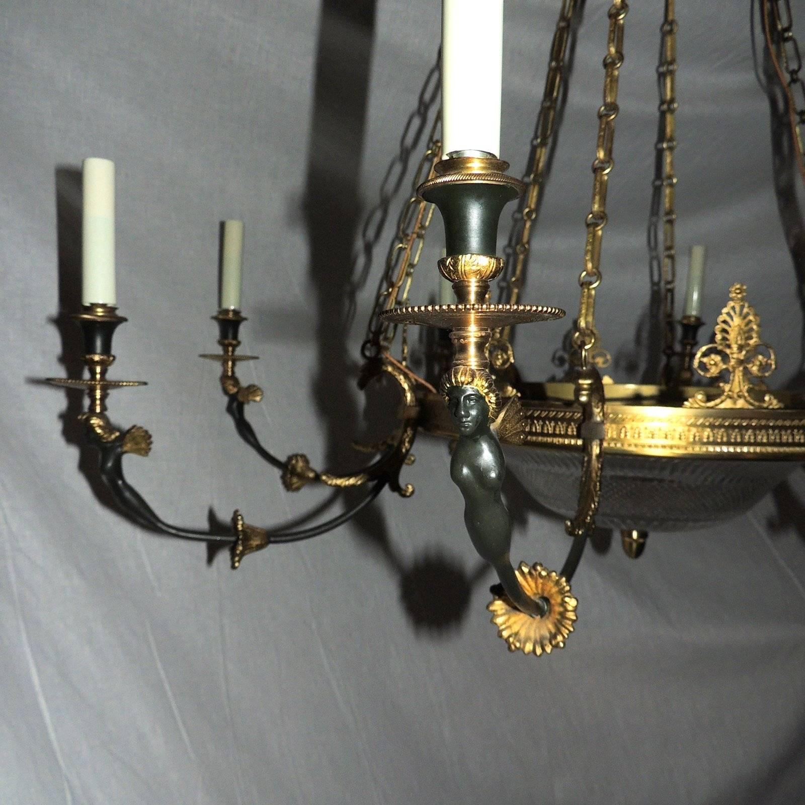 Wonderful French Doré Patina Bronze Cut Crystal Figural Empire Large Chandelier 3