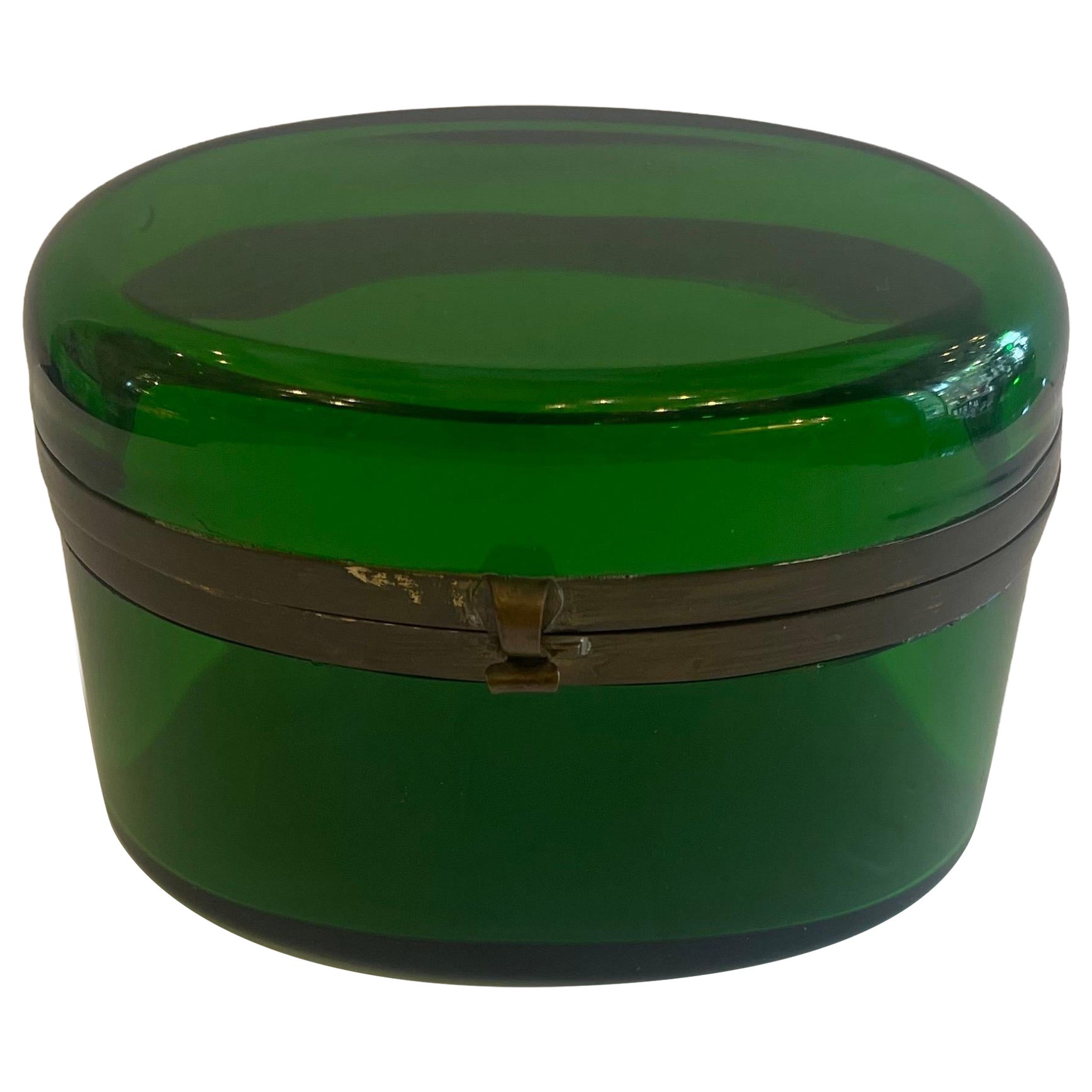 Wonderful French Emarald Green Art Glass Brass Crystal Casket Jewelry Box For Sale