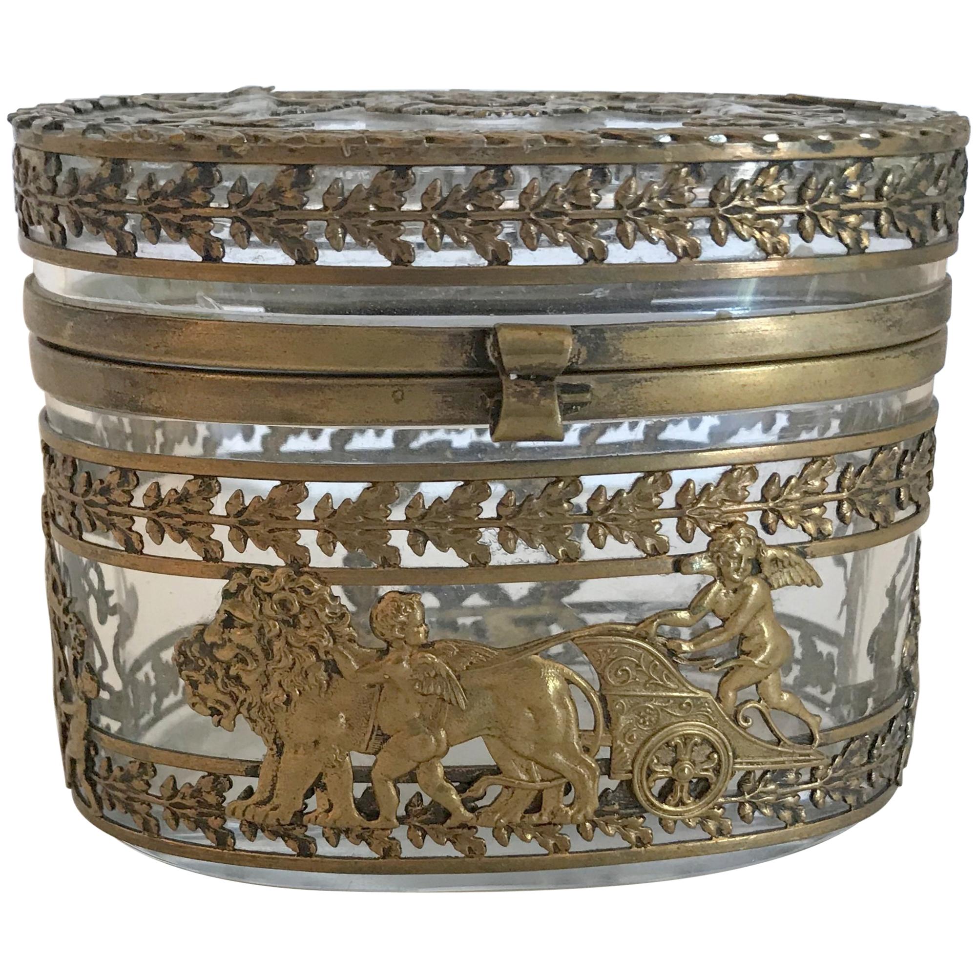 Wonderful French Empire Dore Bronze Neoclassical Oval Casket Ormolu Cherub Box