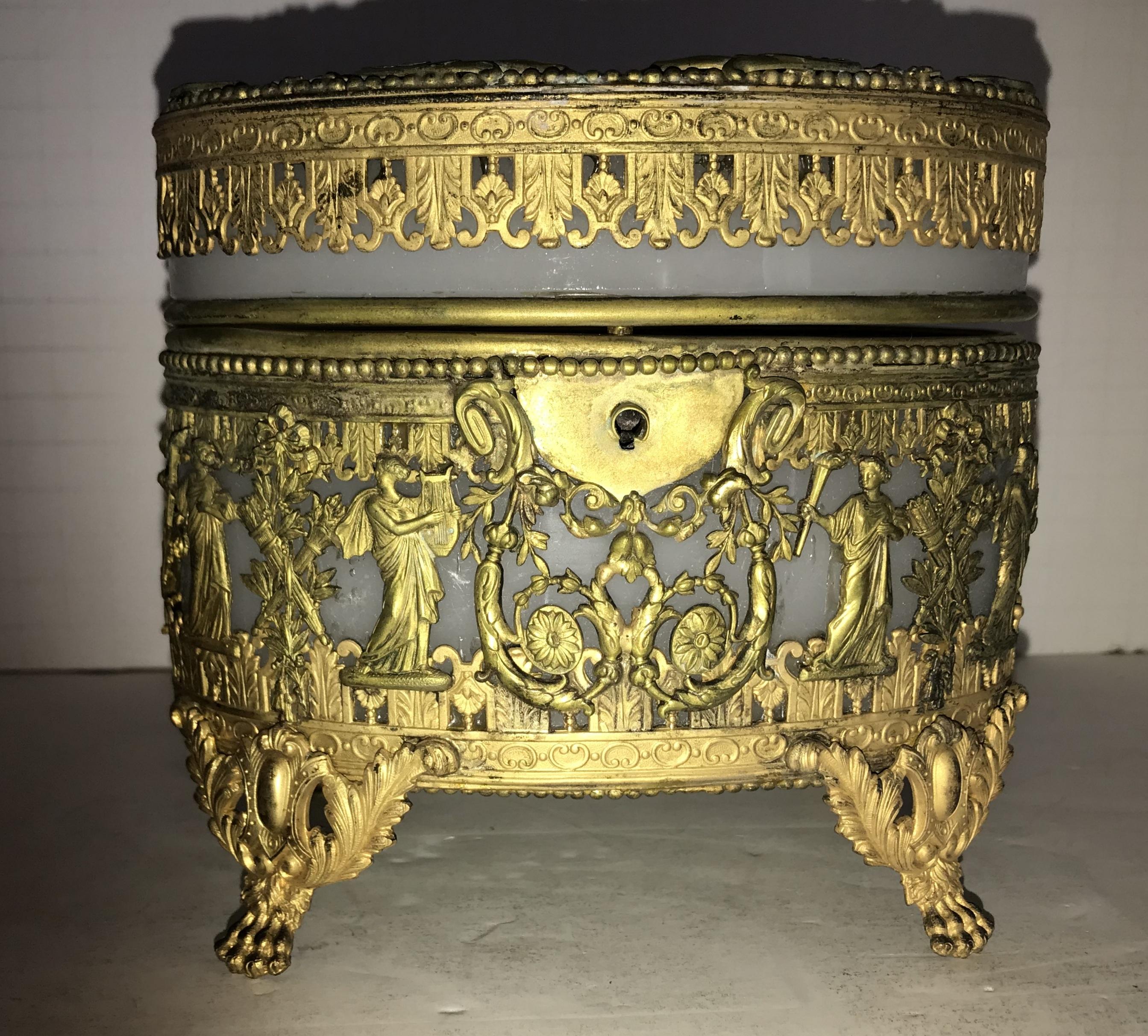 Gilt Wonderful French Empire Doré Bronze Opaline Neoclassical Oval Casket Ormolu Box