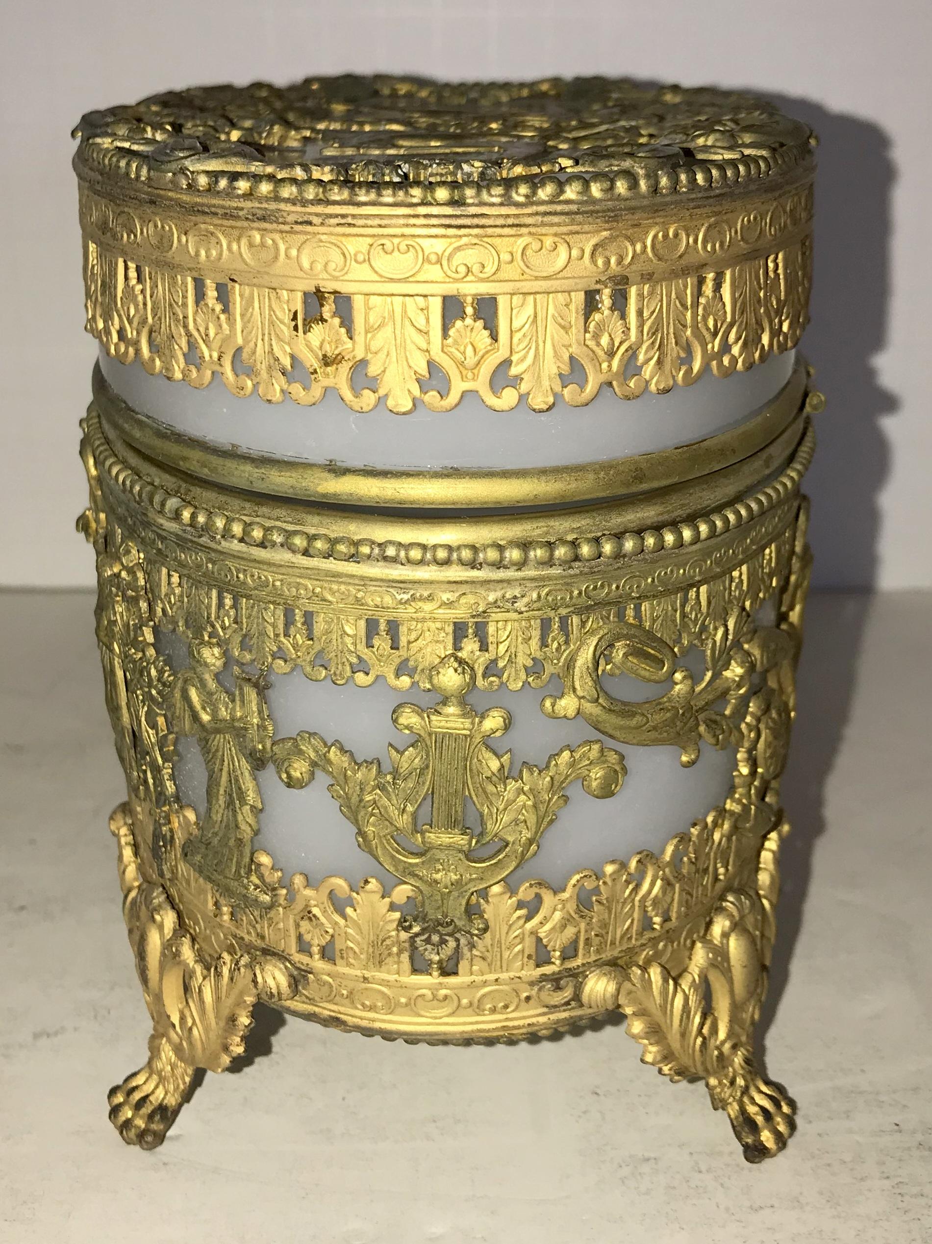Early 20th Century Wonderful French Empire Doré Bronze Opaline Neoclassical Oval Casket Ormolu Box