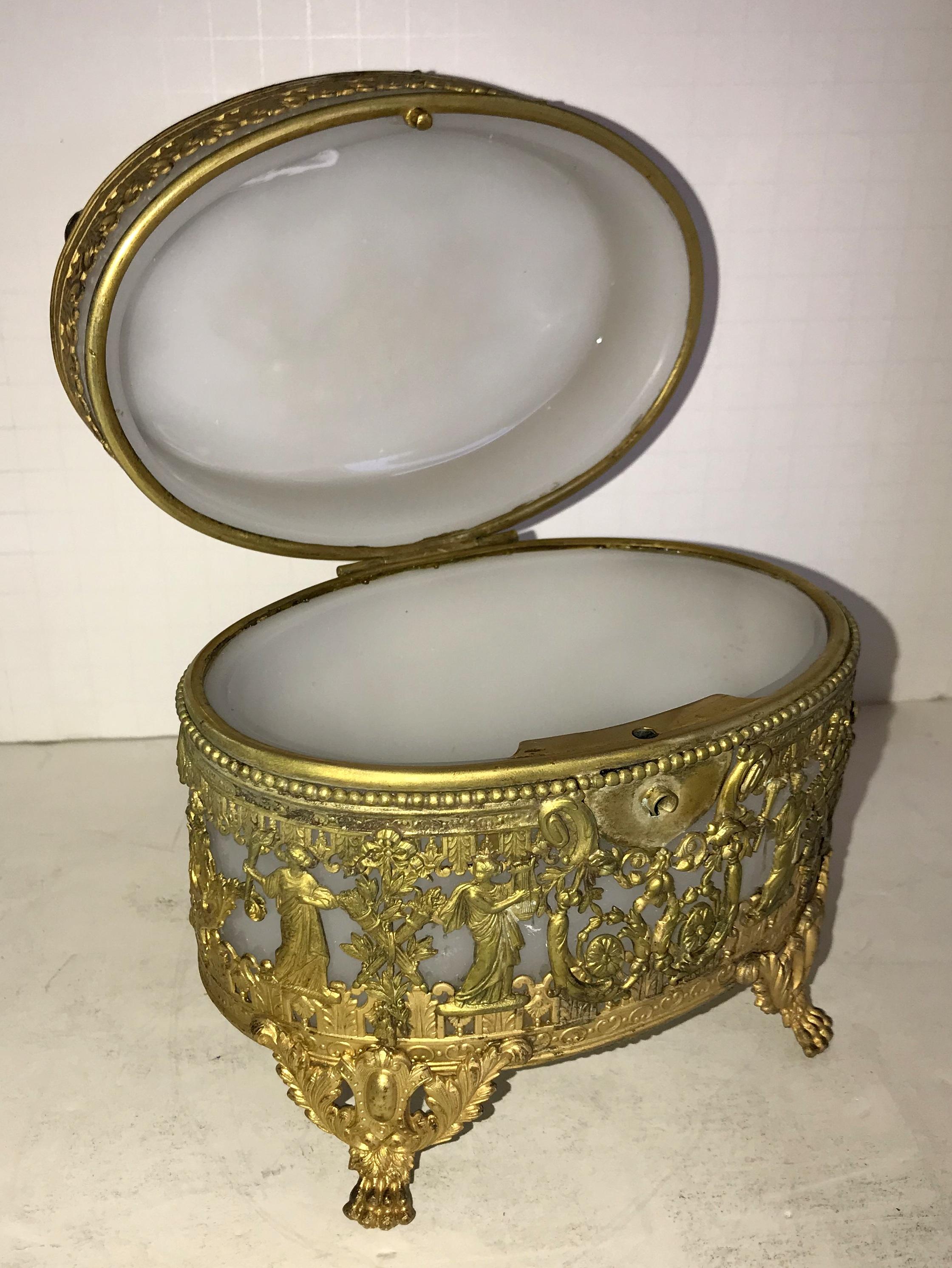 Opaline Glass Wonderful French Empire Doré Bronze Opaline Neoclassical Oval Casket Ormolu Box