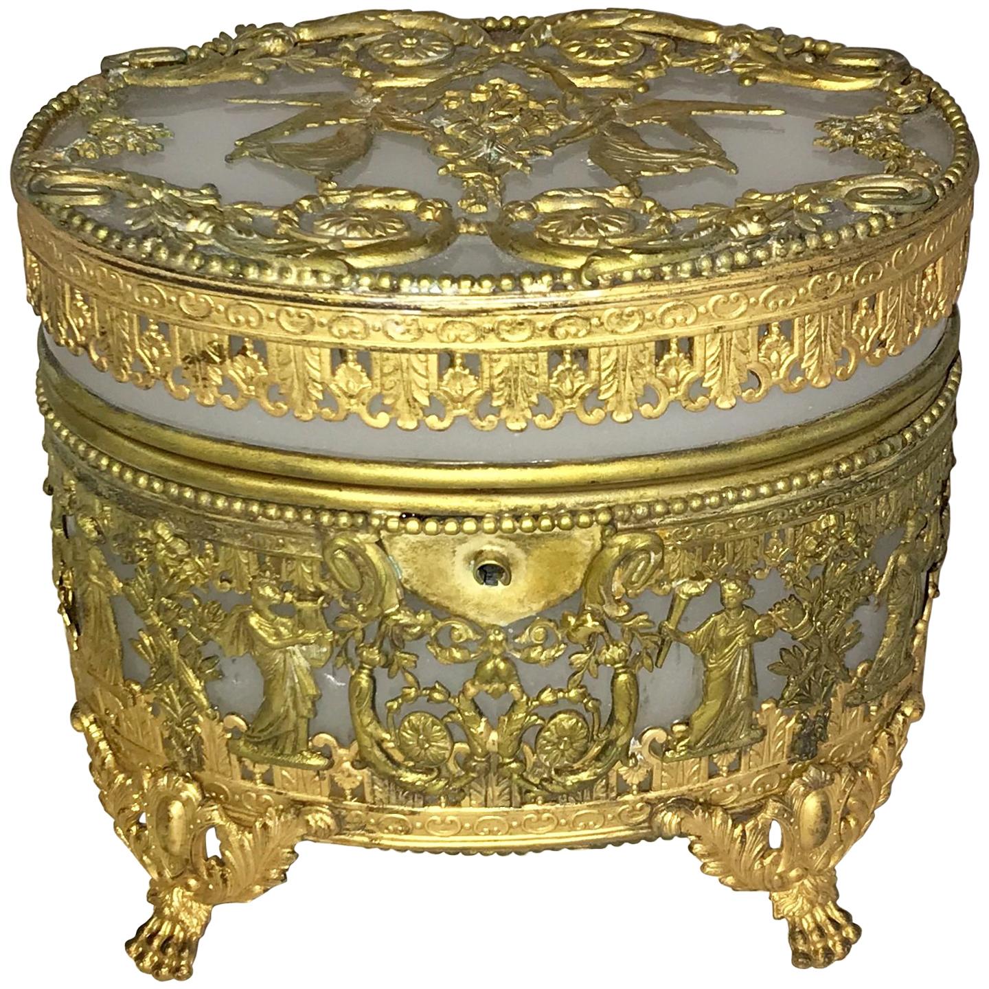 Wonderful French Empire Doré Bronze Opaline Neoclassical Oval Casket Ormolu Box