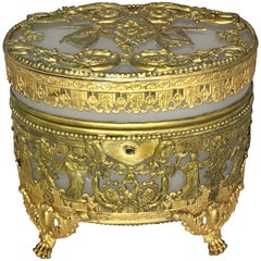 Antique Wonderful French Empire Doré Bronze Opaline Neoclassical Oval Casket Ormolu Box