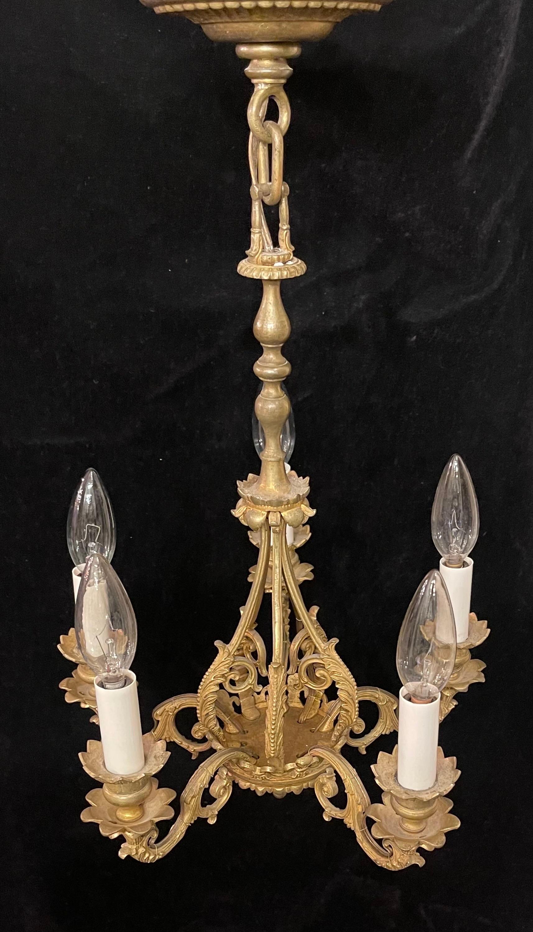 Wonderful French Empire Dore Bronze Regency Petite Five-Arm Chandelier Fixture For Sale 1