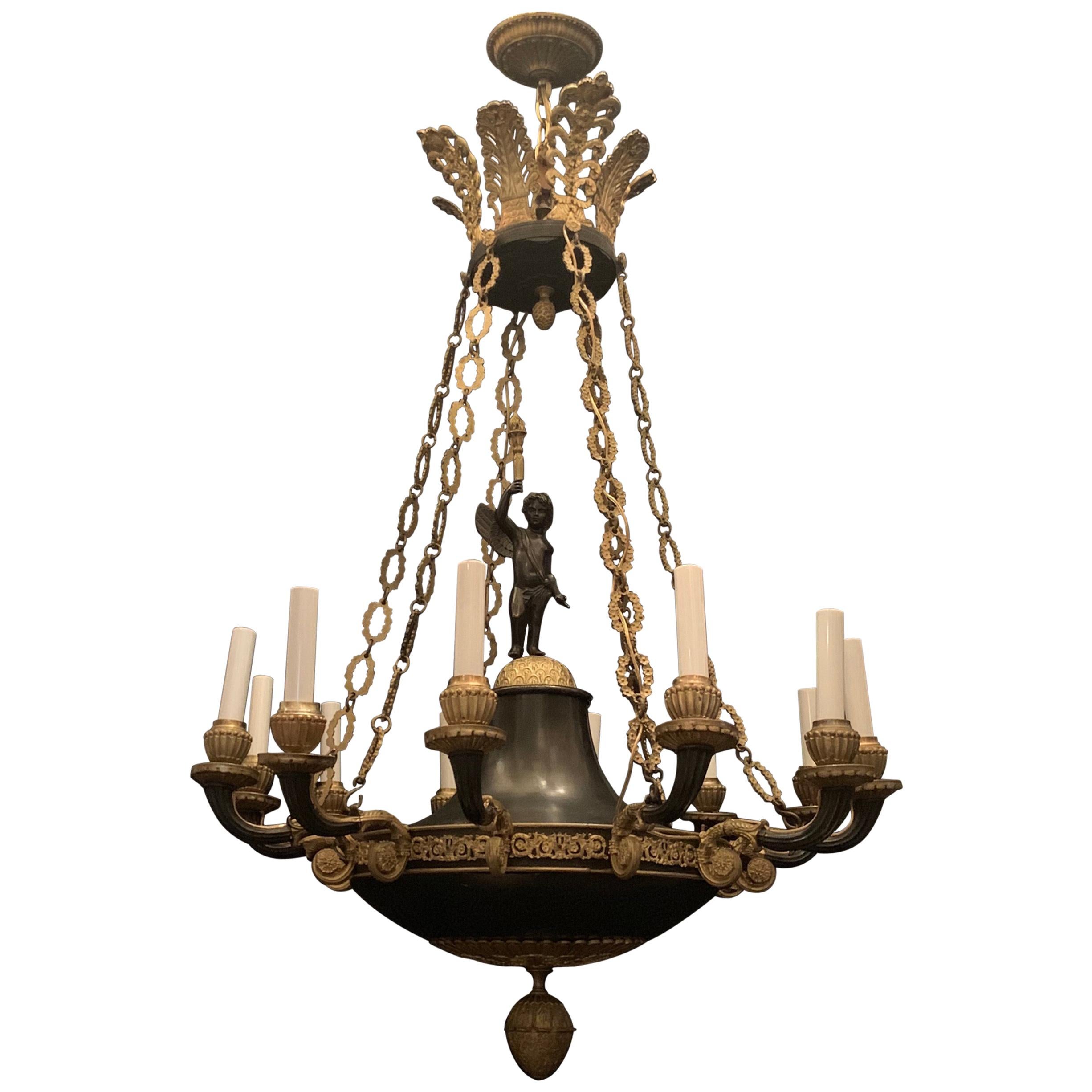 Wonderful French Empire Dore Patinated Bronze Neoclassical Cherub Chandelier