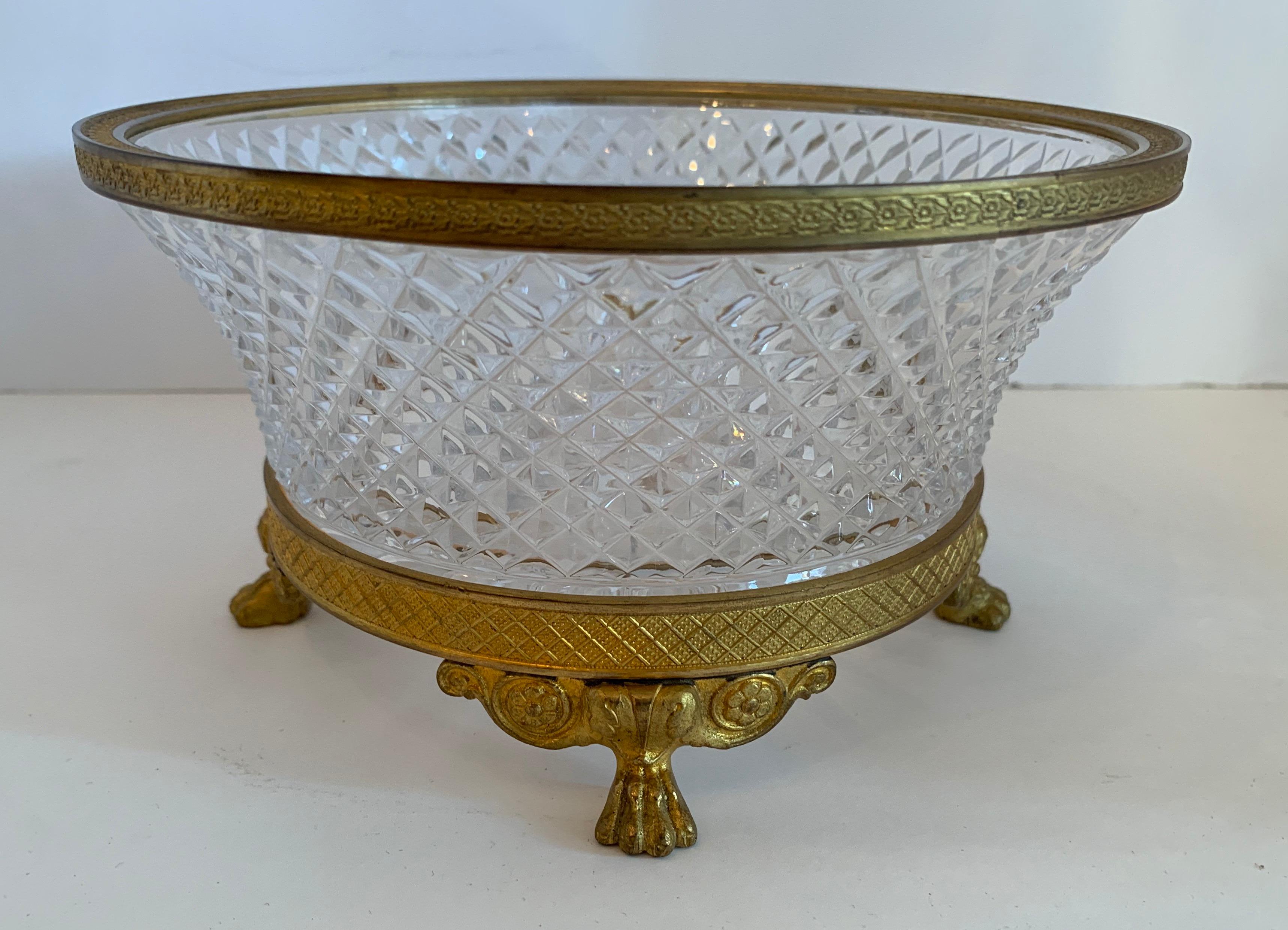 A Wonderful French empire gilt doré bronze & cut crystal round centerpiece bowl raised on paw feet