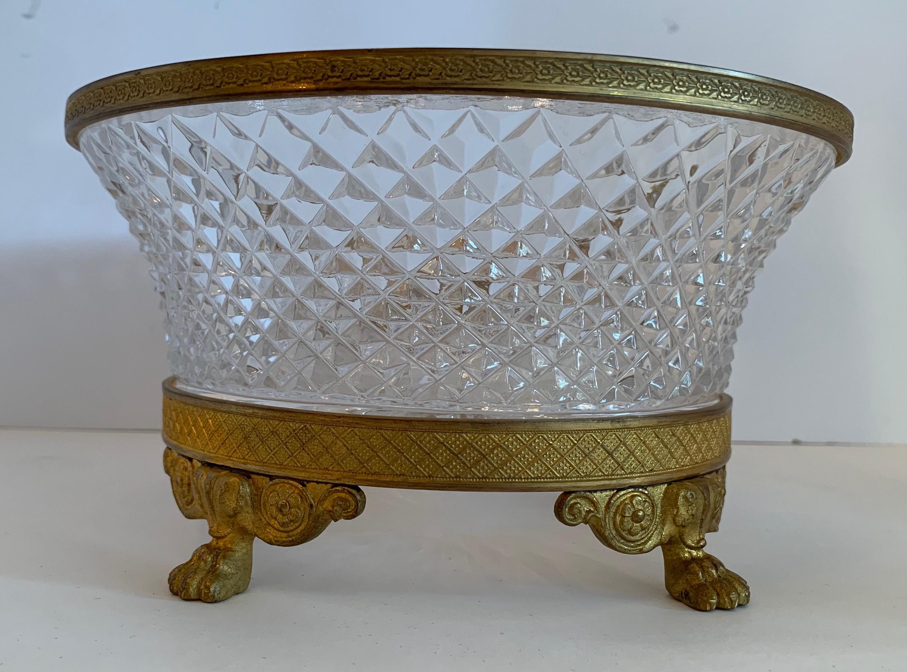 20th Century Wonderful French Empire Gilt Doré Bronze & Cut Crystal Round Centerpiece Bowl For Sale