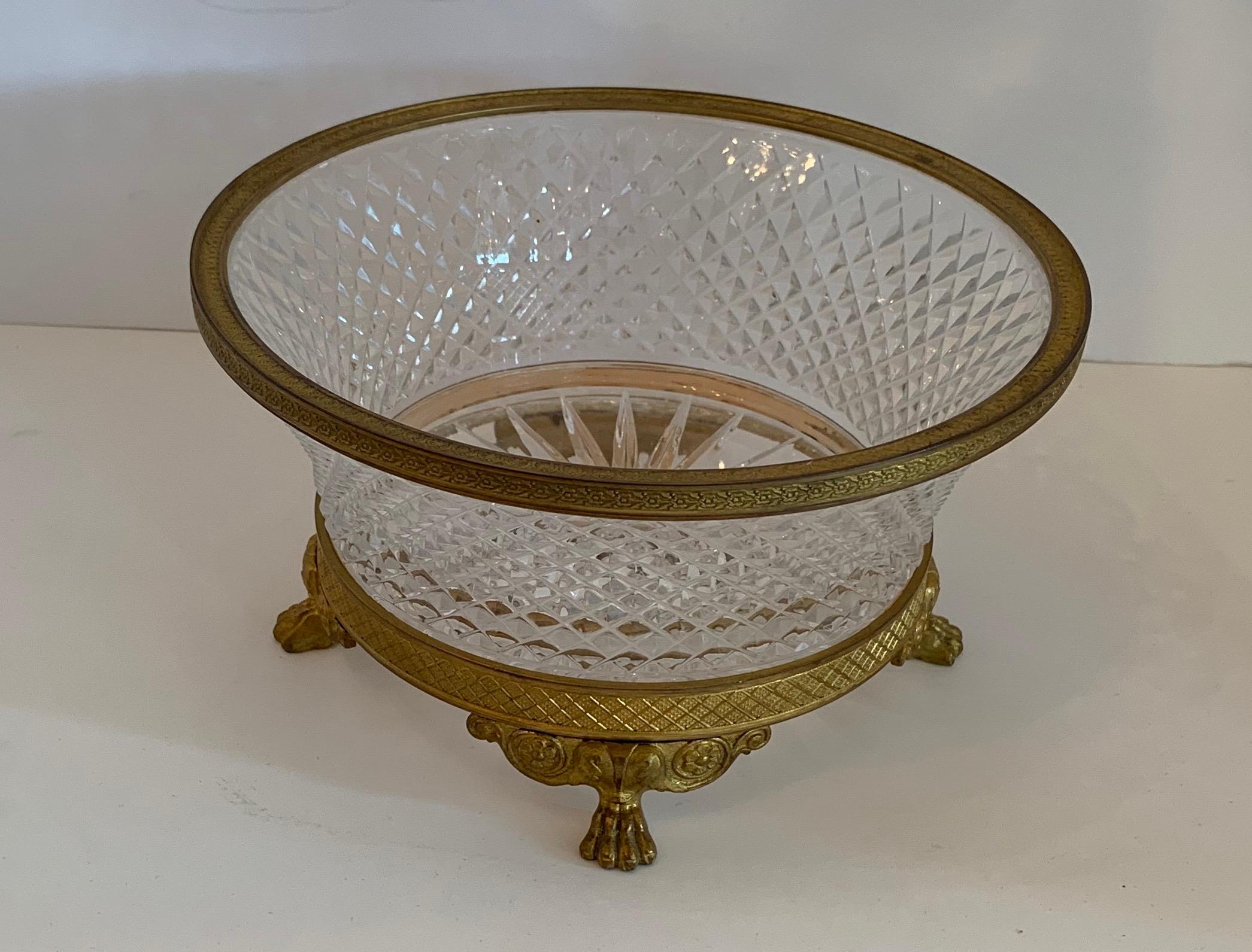 20th Century Wonderful French Empire Gilt Doré Bronze & Cut Crystal Round Centerpiece Bowl For Sale