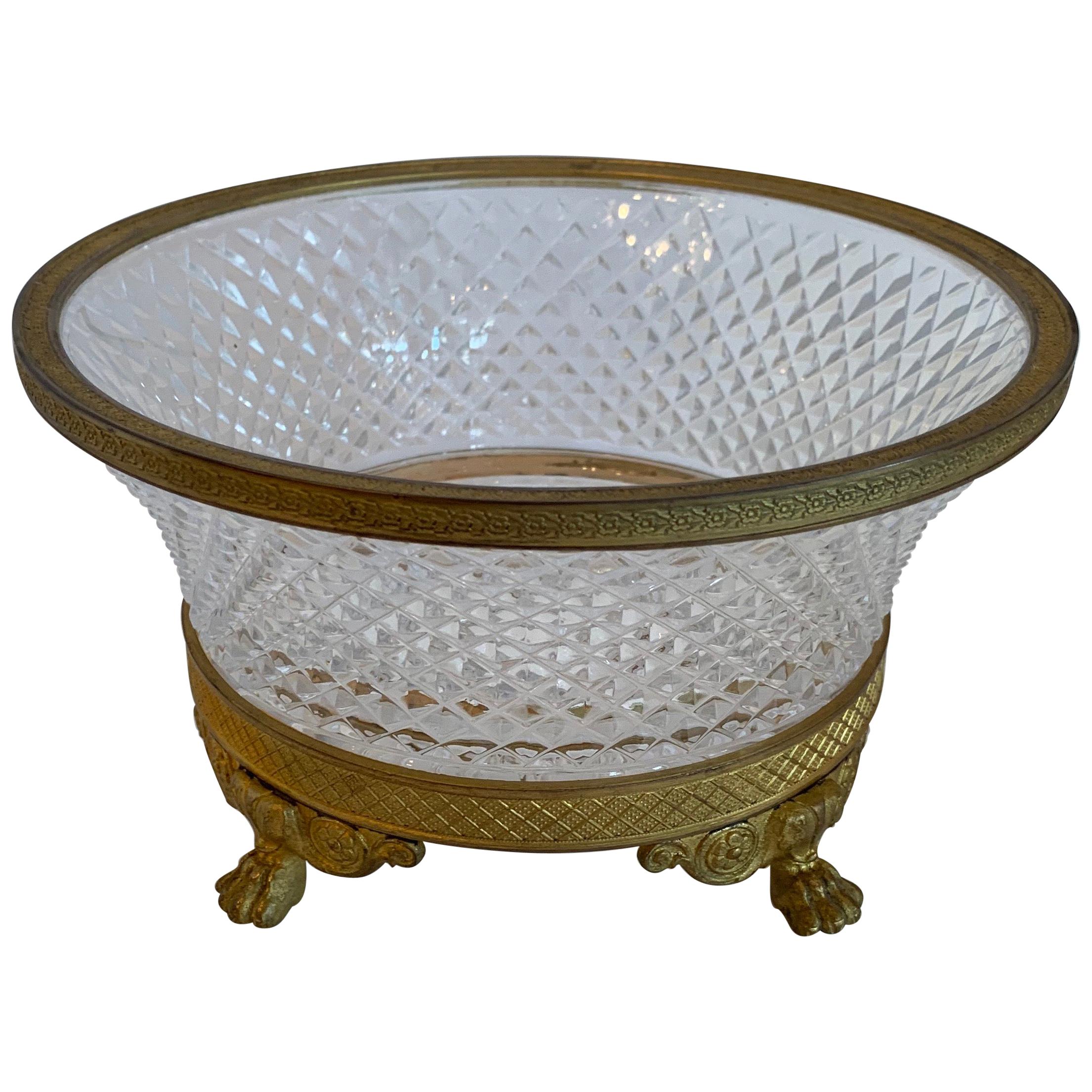 Wonderful French Empire Gilt Doré Bronze & Cut Crystal Round Centerpiece Bowl For Sale