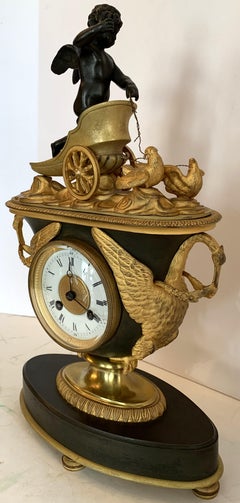 Wonderful French Empire Gilt Patinated Bronze Cherub Chariot Swan Chickens Clock