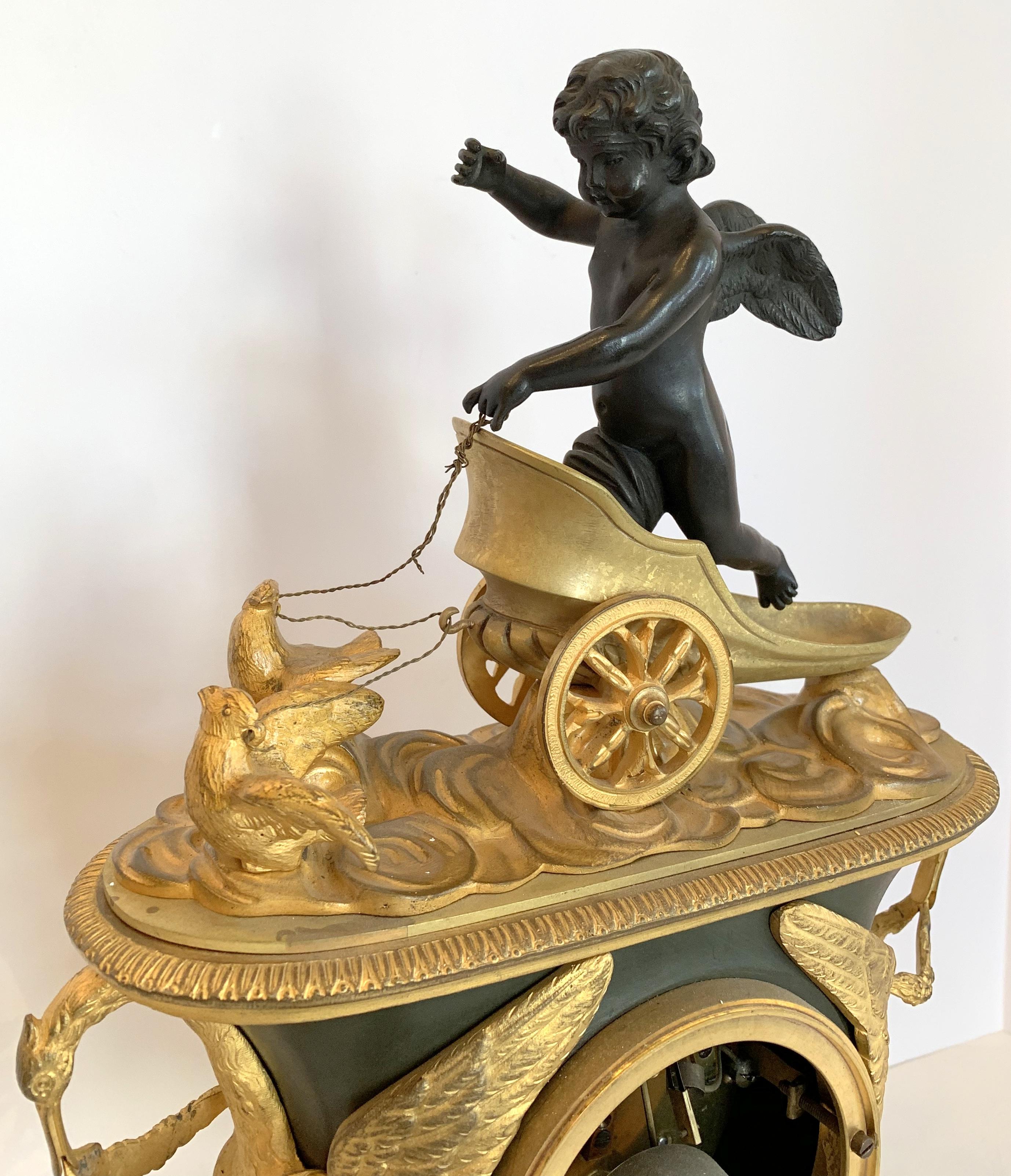 Wonderful French Empire Gilt Patinated Bronze Cherub Chariot Swan Chickens Clock In Good Condition In Roslyn, NY