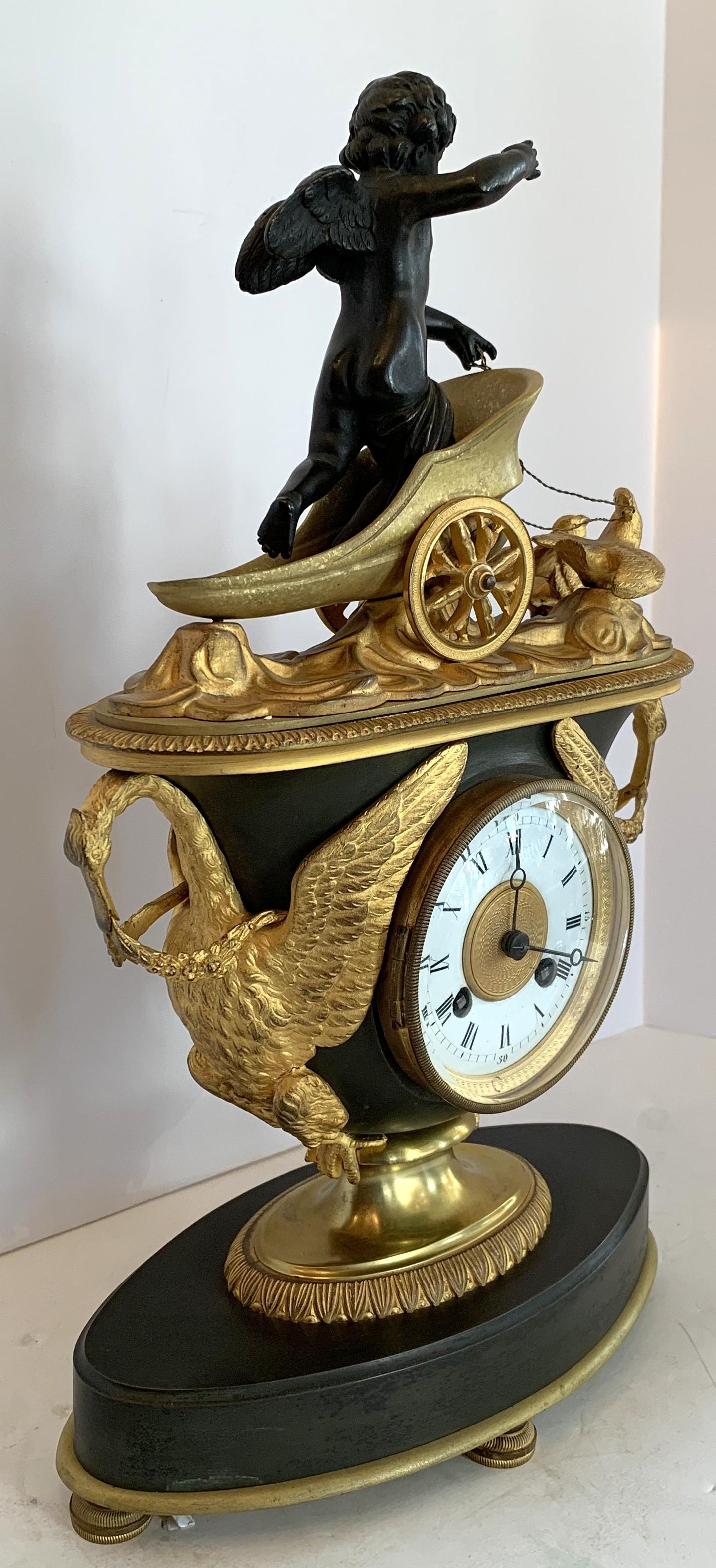 19th Century Wonderful French Empire Gilt Patinated Bronze Cherub Chariot Swan Chickens Clock
