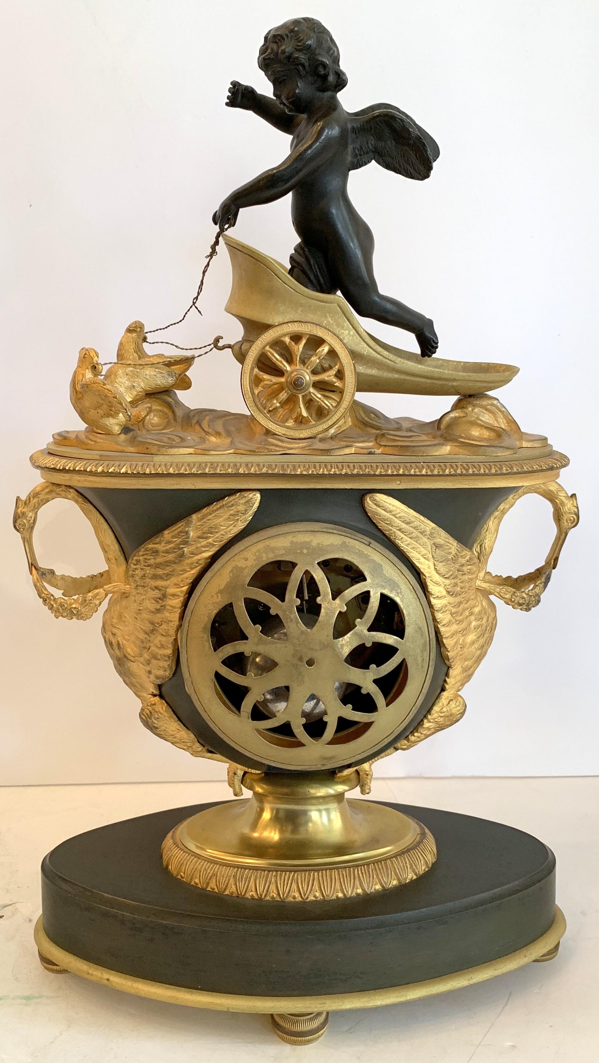 Wonderful French Empire Gilt Patinated Bronze Cherub Chariot Swan Chickens Clock 1
