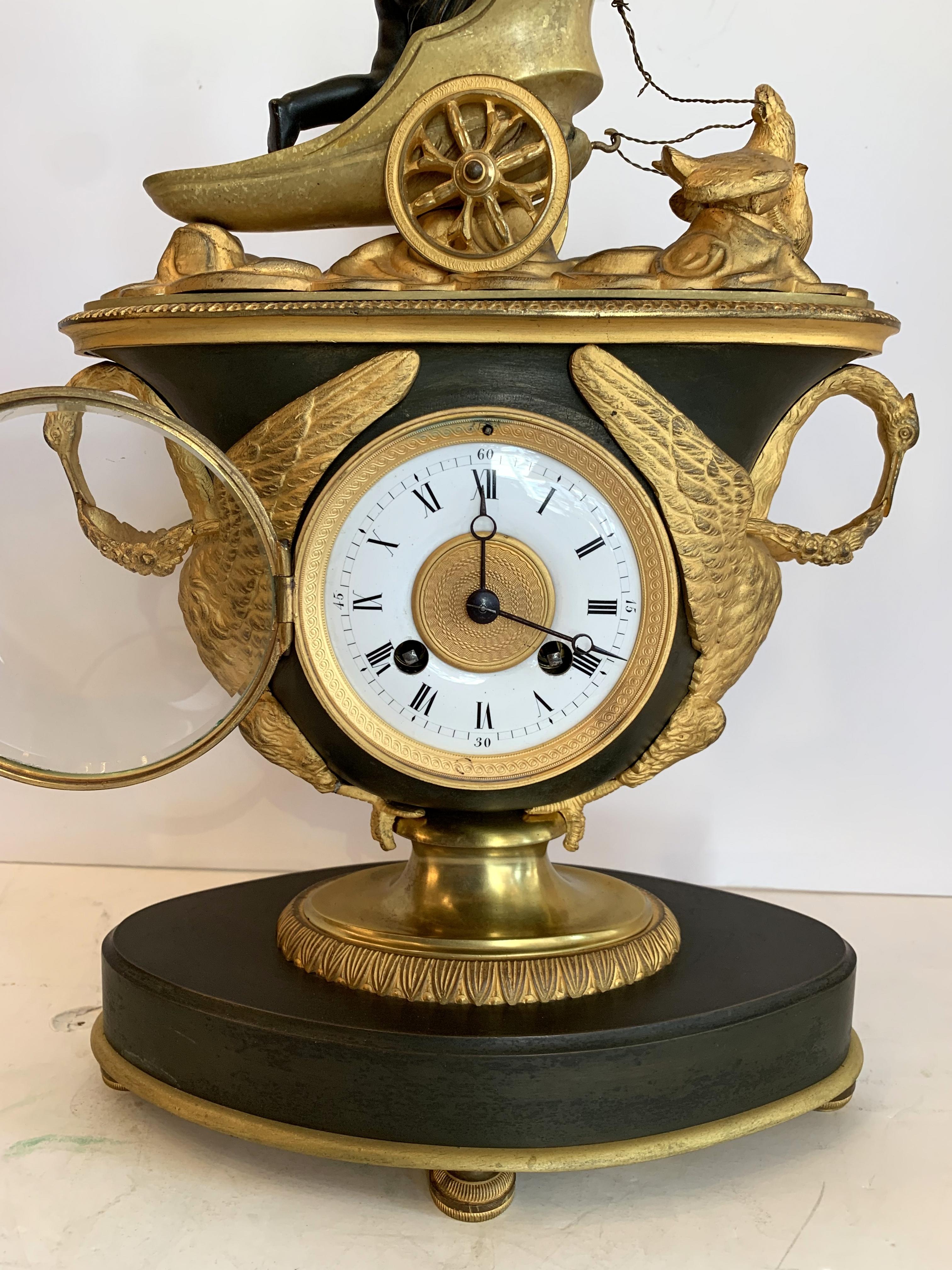 Wonderful French Empire Gilt Patinated Bronze Cherub Chariot Swan Chickens Clock 2
