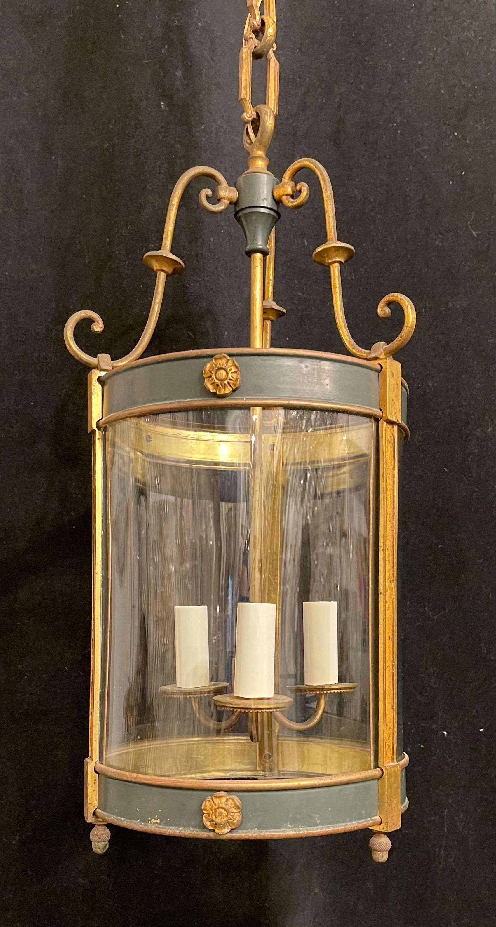 A wonderful French Empire neoclassical ormolu bronze and bent glass 3 candelabra light lantern fixture completely rewired with new sockets.