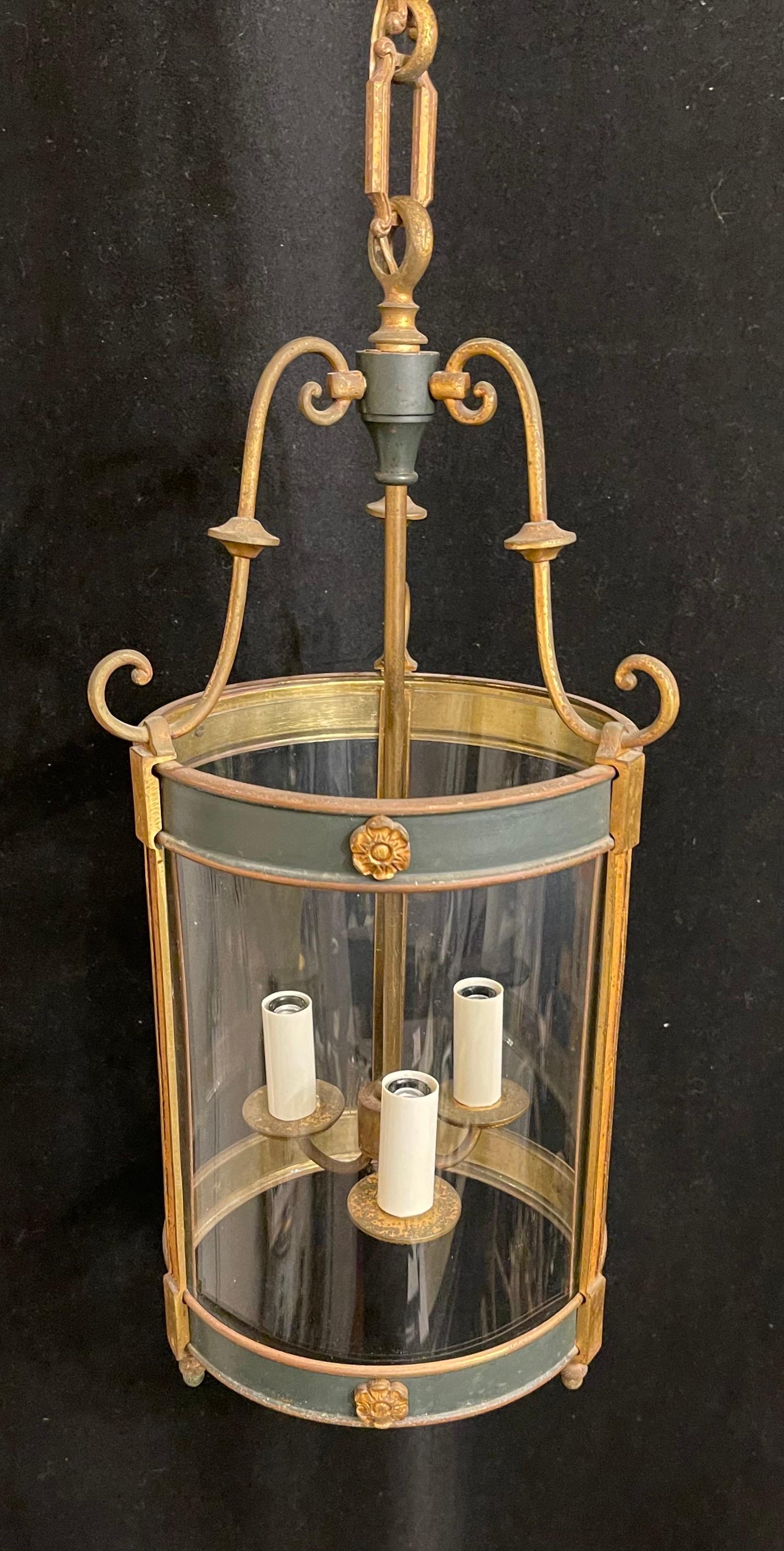 Patinated Wonderful French Empire Neoclassical Bronze Bent Glass Petite Lantern Fixture