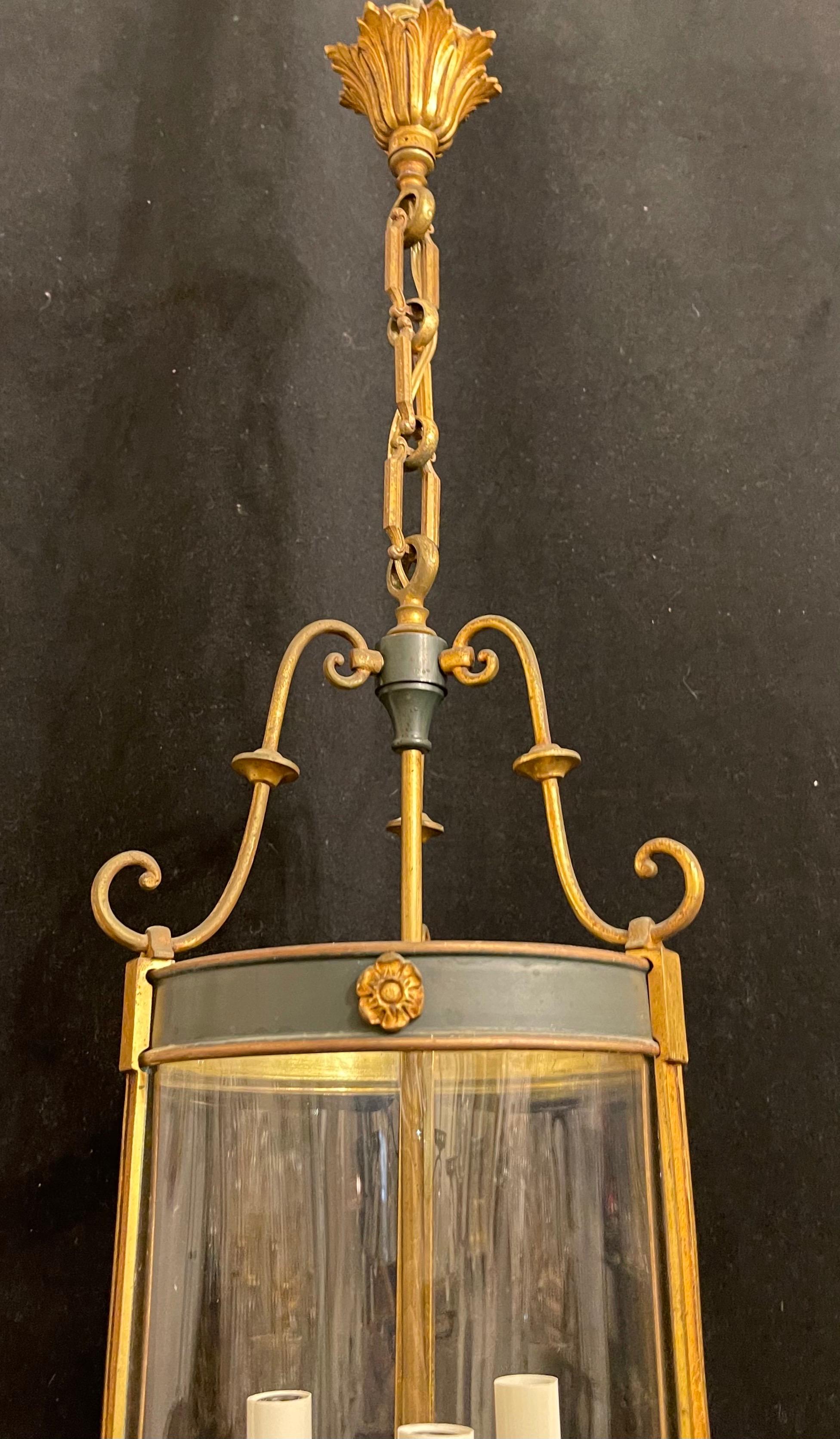 Wonderful French Empire Neoclassical Bronze Bent Glass Petite Lantern Fixture In Good Condition In Roslyn, NY