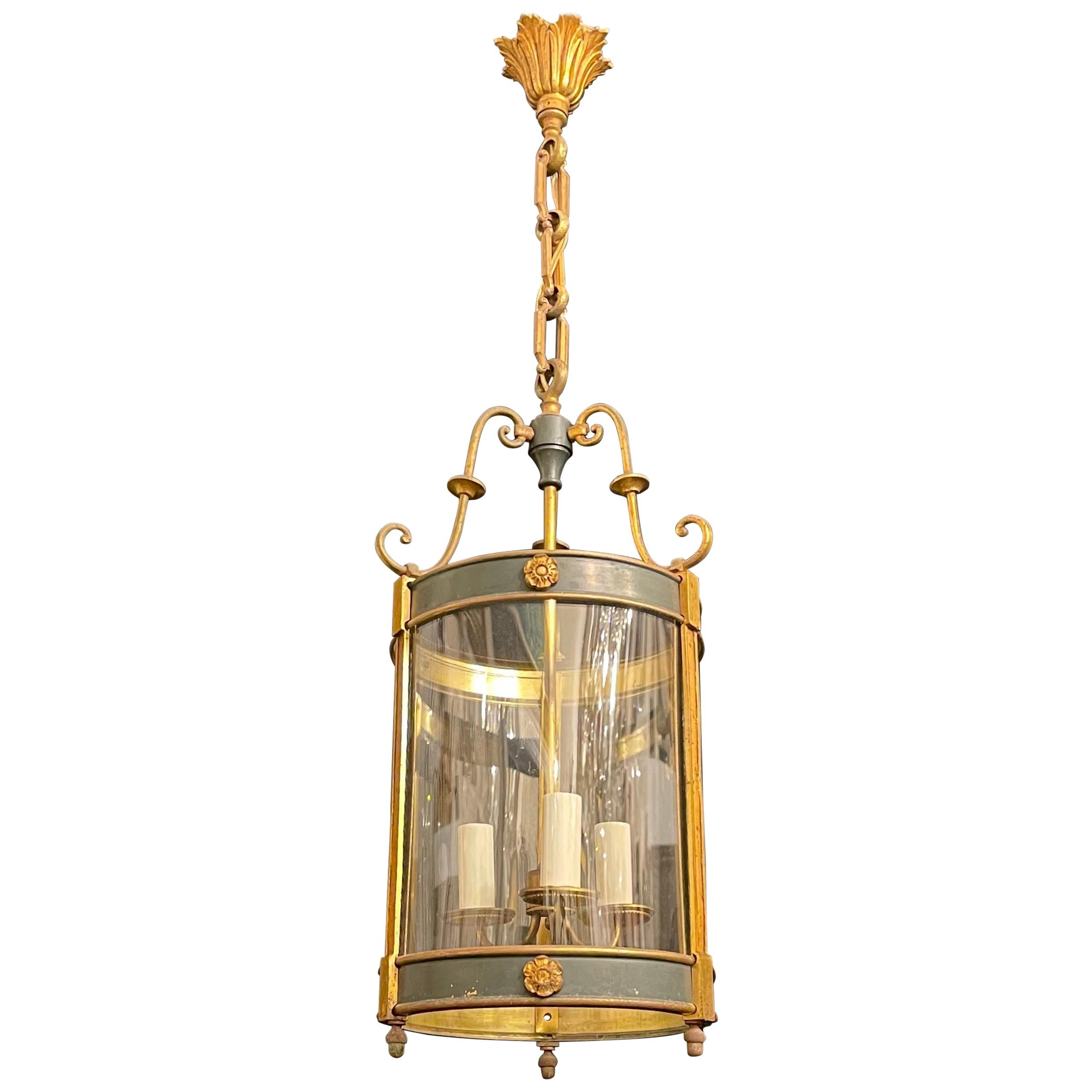 Wonderful French Empire Neoclassical Bronze Bent Glass Petite Lantern Fixture