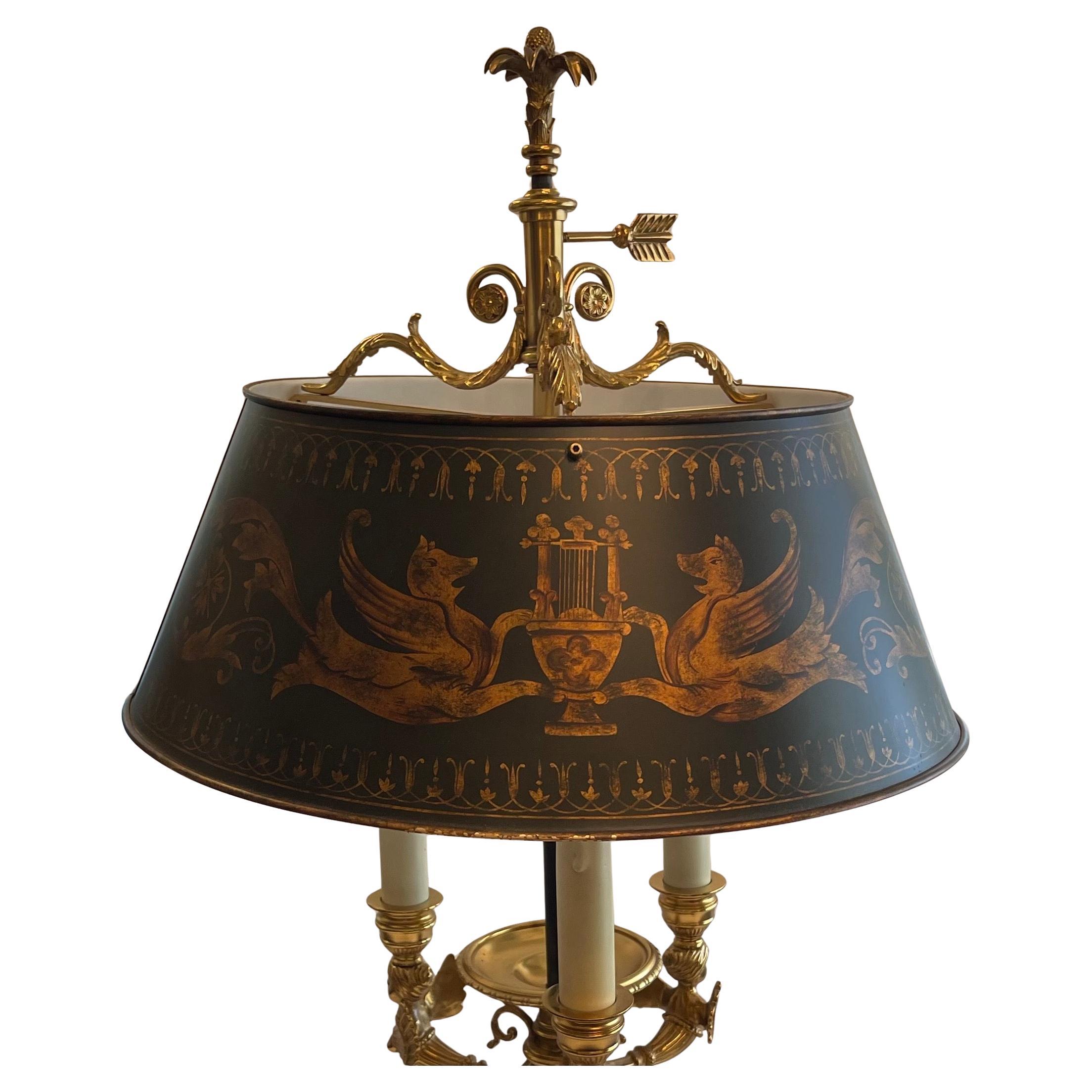 A Wonderful French Empire / Neoclassical bronze three candelabra arm having winged graces bouillotte lamp with painted green tole shade, two Edison lights inside.

 
