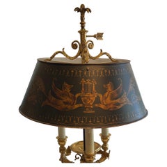 Wonderful French Empire Neoclassical Bronze Three Arm Bouillotte Lamp Tole Shade