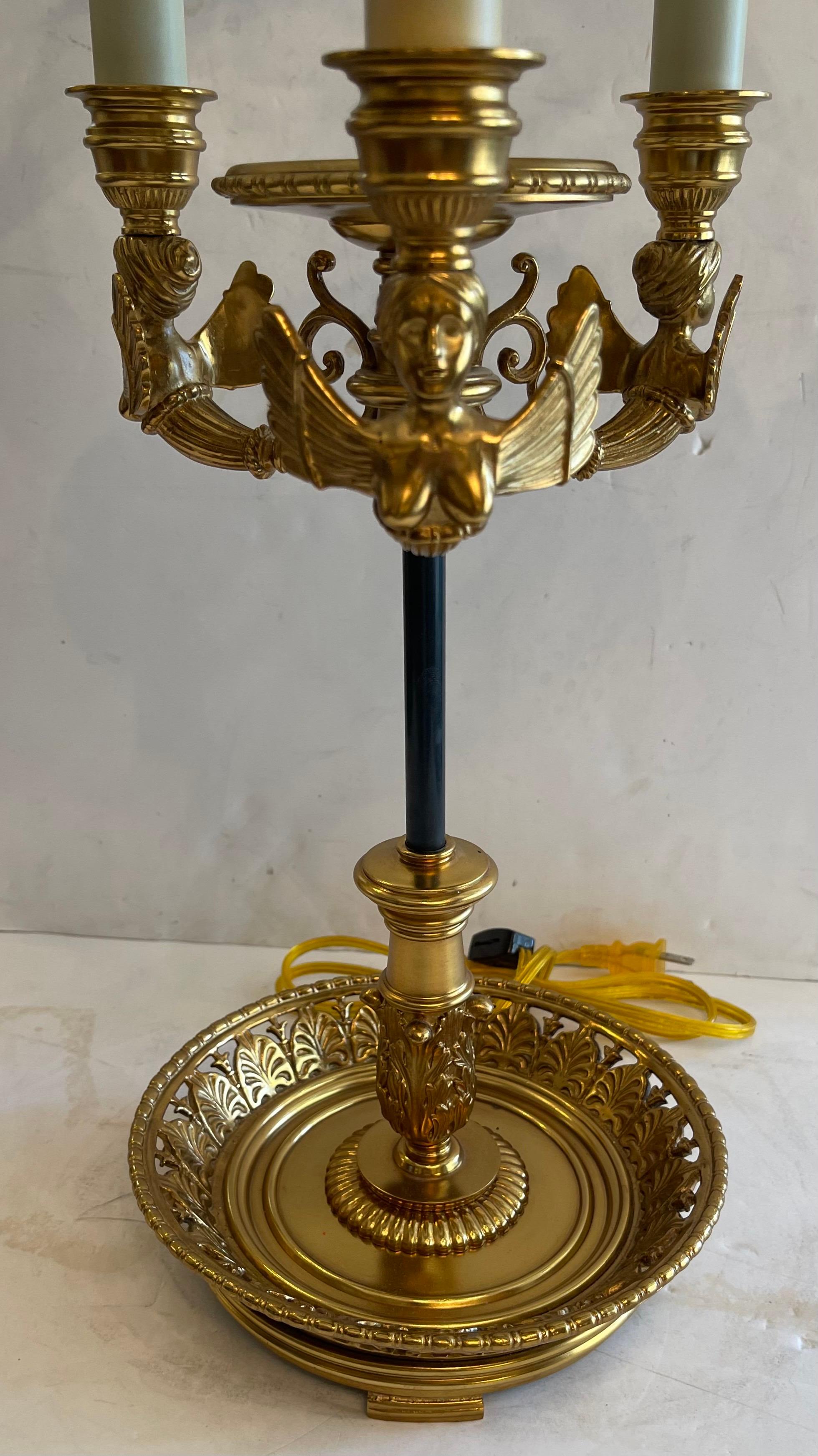 Regency Wonderful French Empire Neoclassical Bronze Three Arm Bouillotte Lamp Tole Shade For Sale