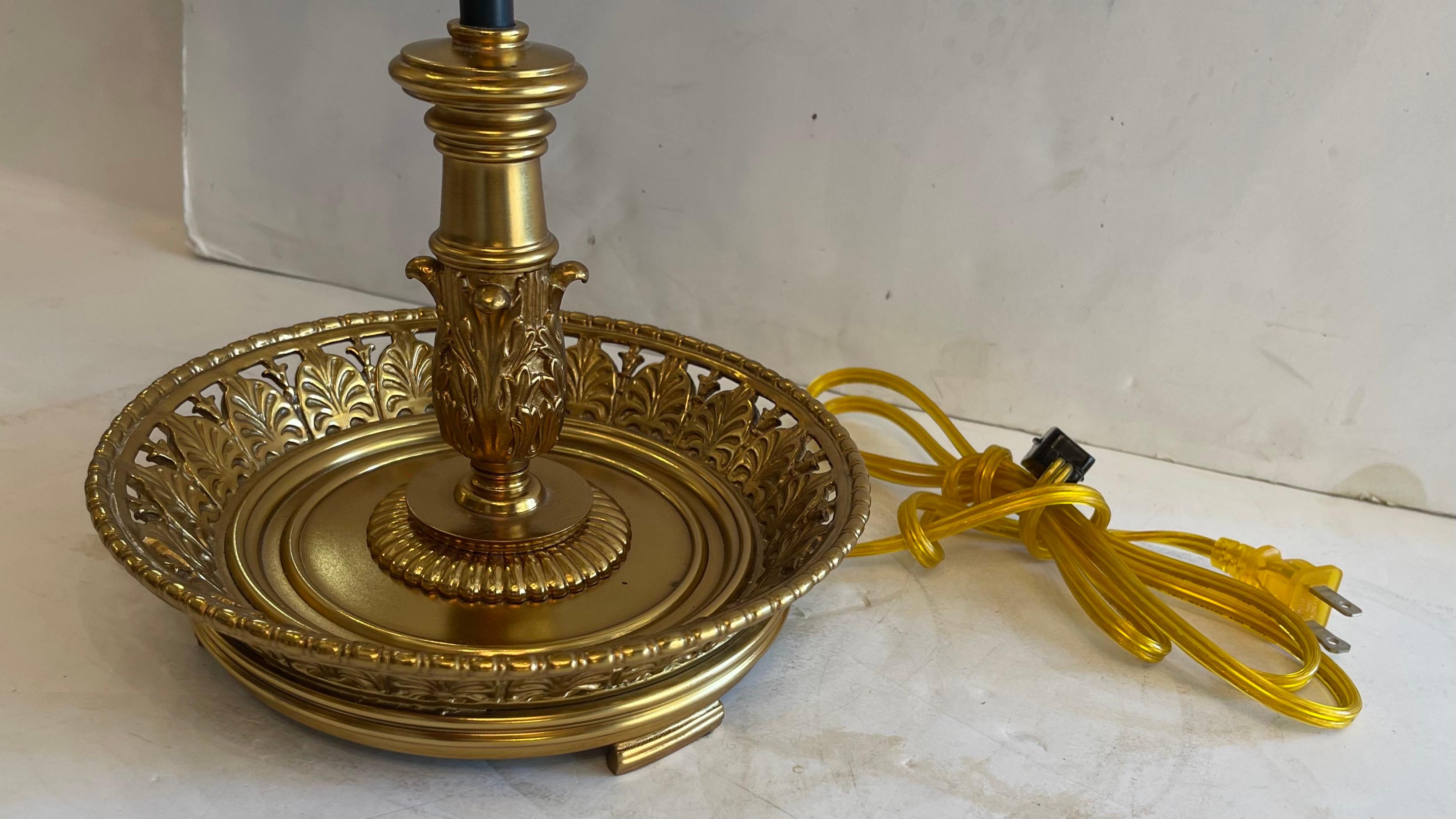 Gilt Wonderful French Empire Neoclassical Bronze Three Arm Bouillotte Lamp Tole Shade For Sale