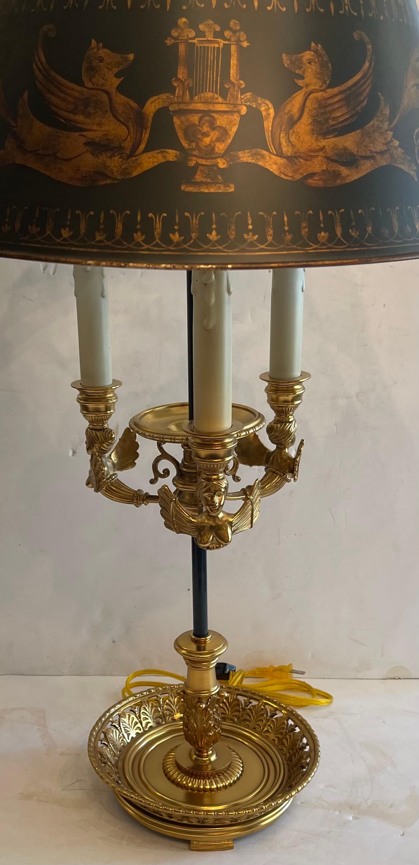 Wonderful French Empire Neoclassical Bronze Three Arm Bouillotte Lamp Tole Shade In Good Condition For Sale In Roslyn, NY
