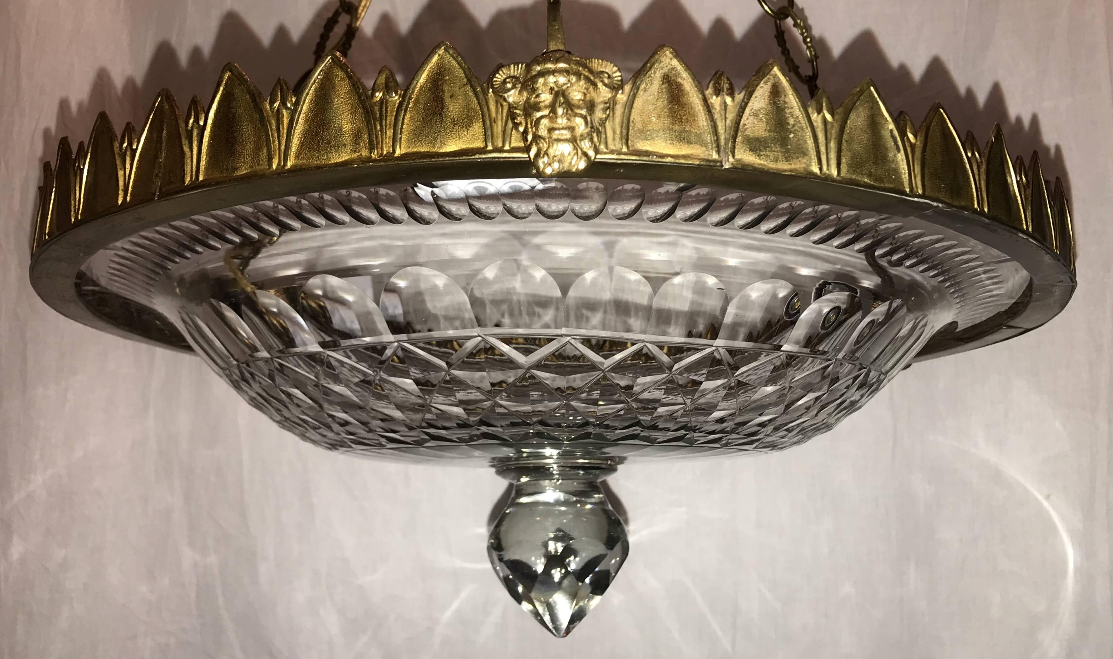 A wonderful French / Empire / neoclassical cut crystal centre bowl, gilt bronze flush mount (Adjustable) chandelier three candelabra light fixture.
This beautiful fixture is adjustable to your needs.